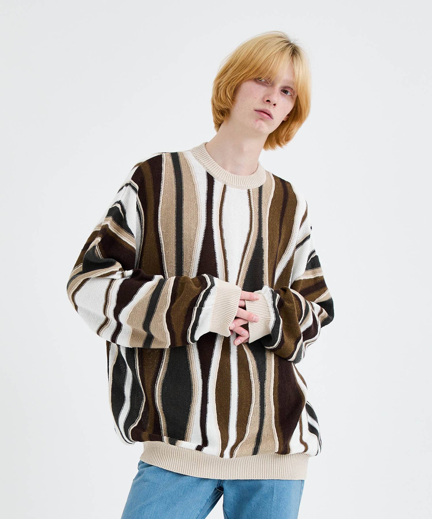 7G FEATHER STRIPE KNIT PULLOVER