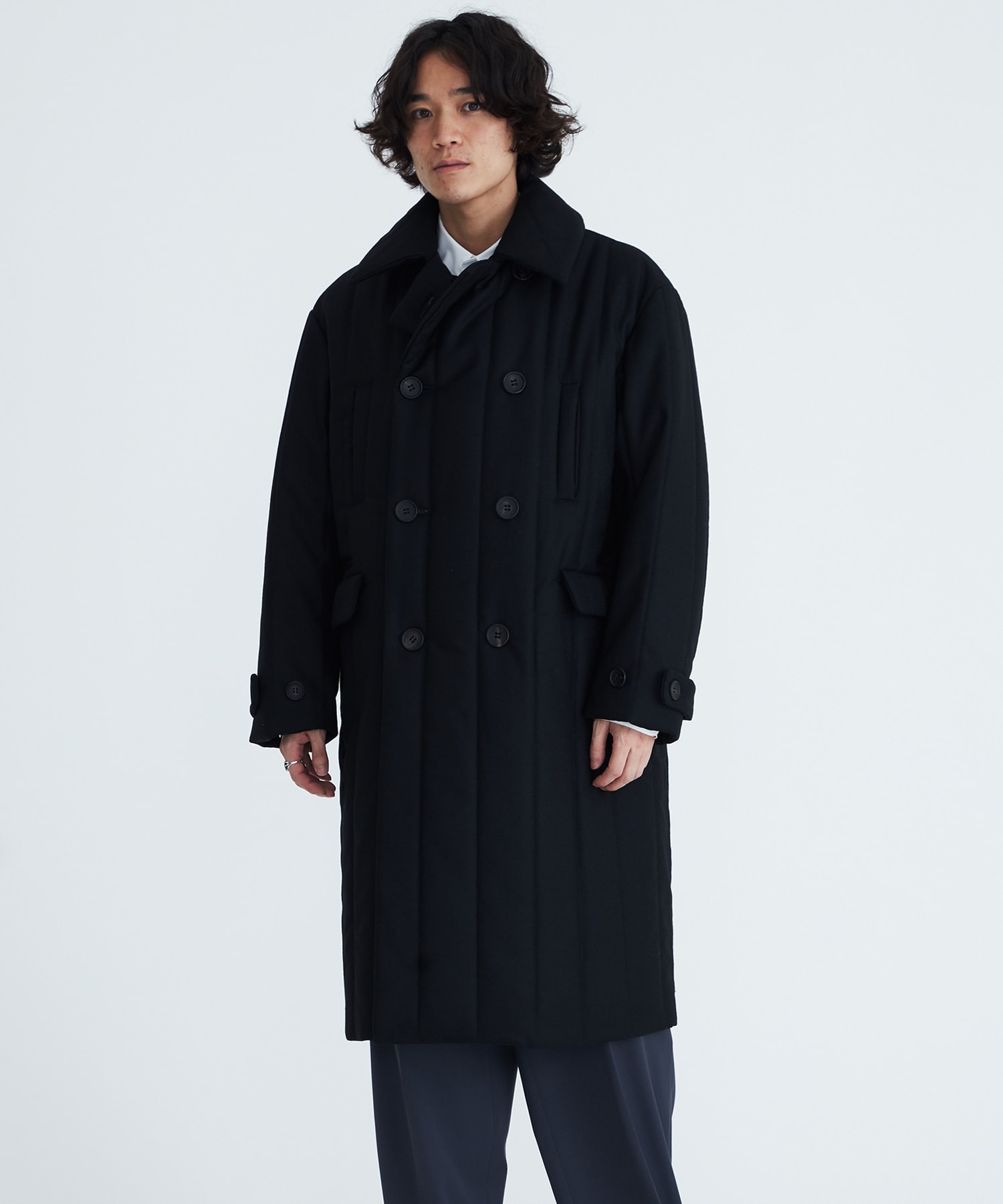 Wool Stripe Quilted Double-Breasted Coat