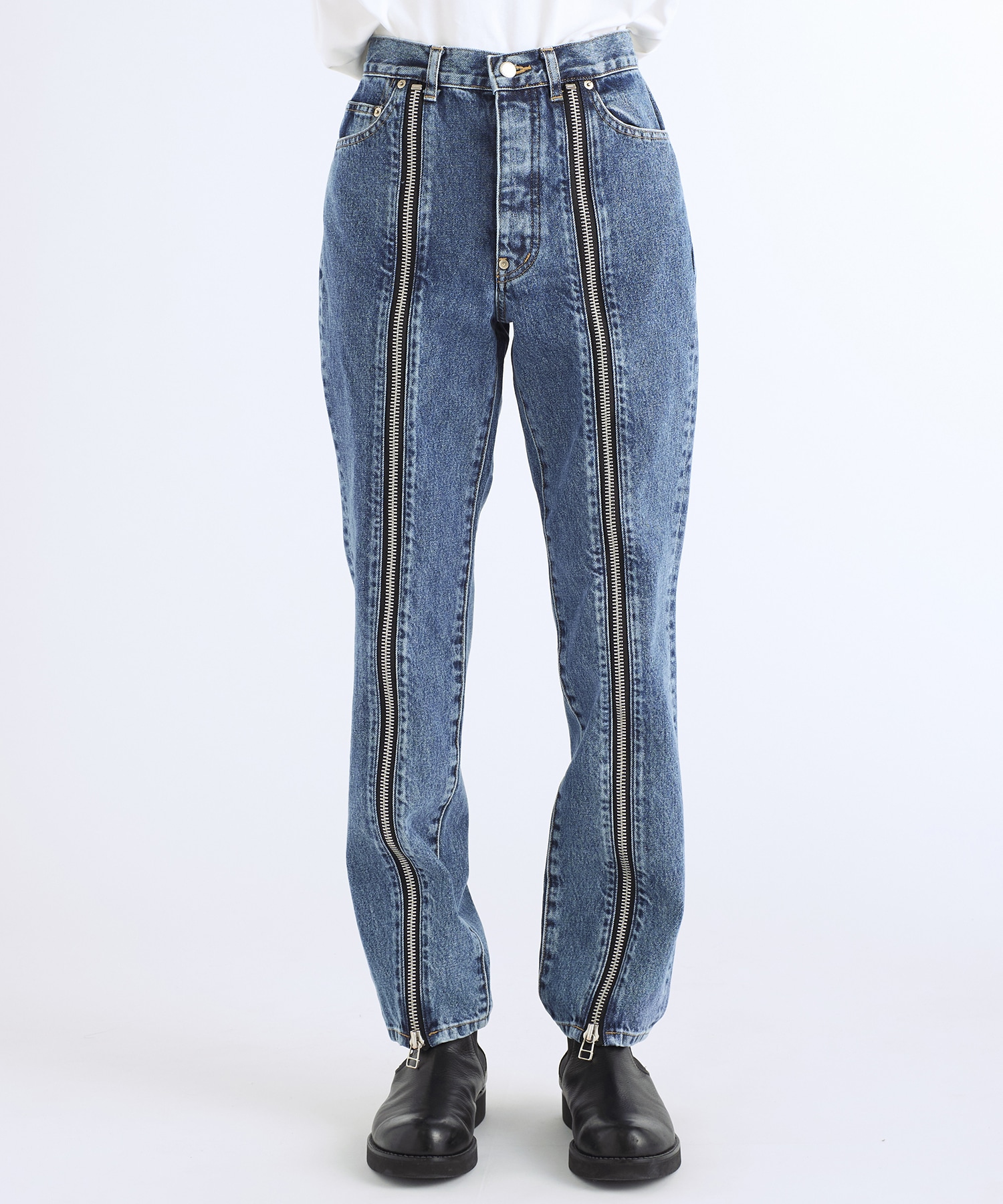 WASHED DENIM ZIPPED PANTS