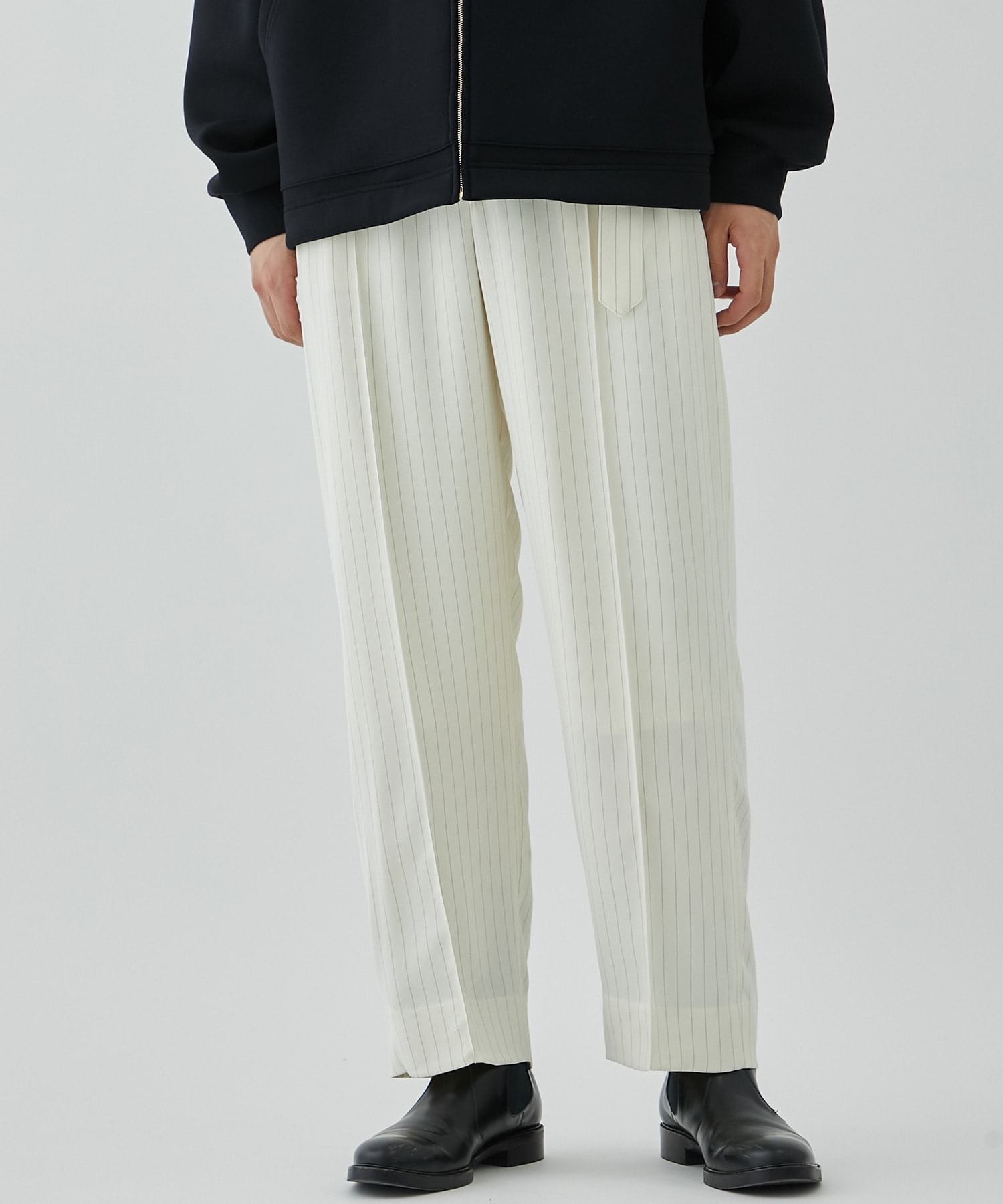 Stripe Double Cloth 2 Tuck Wide Pants with Long Belt