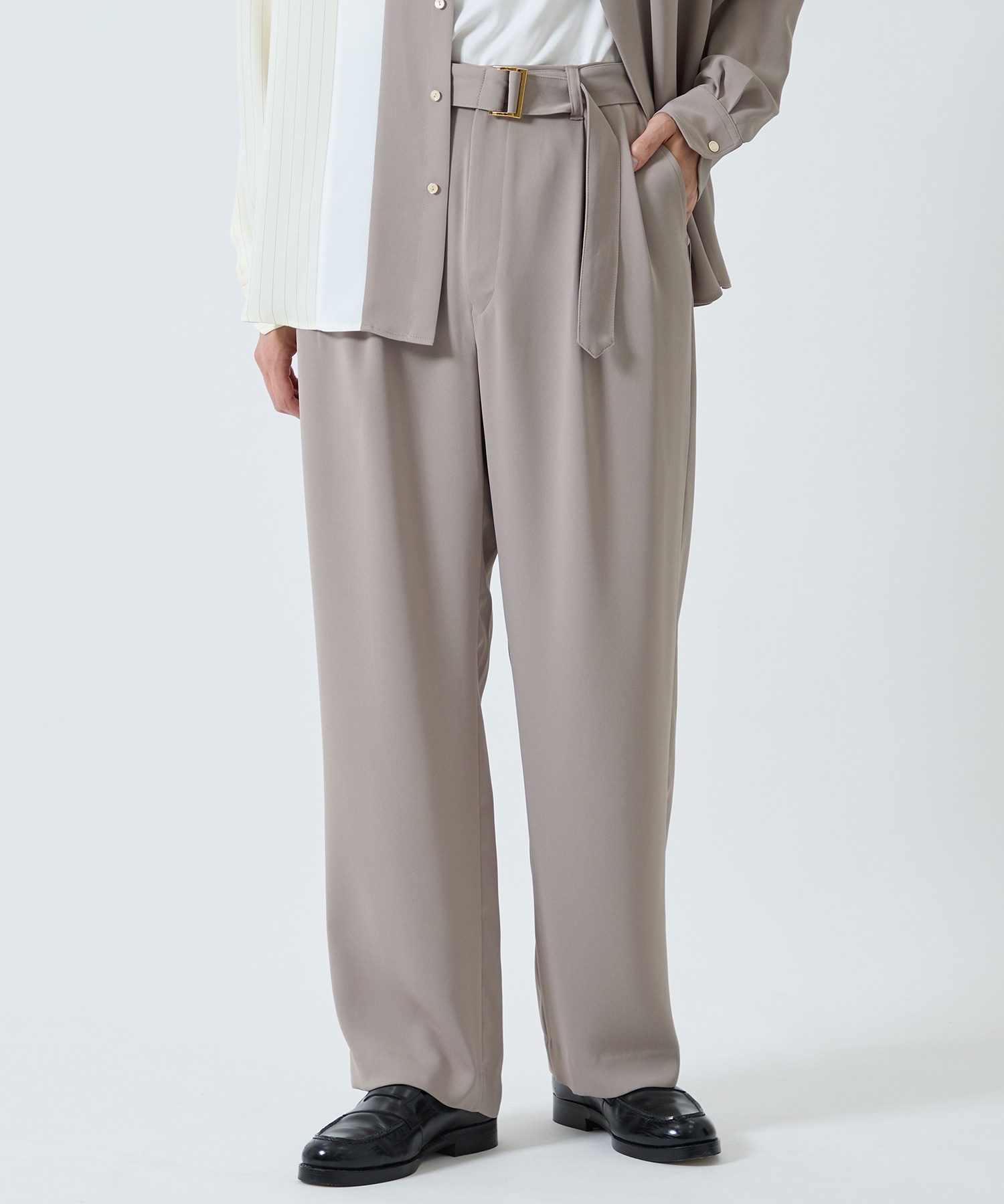 Double Satin 2 Tuck Wide Pants with Long Belt