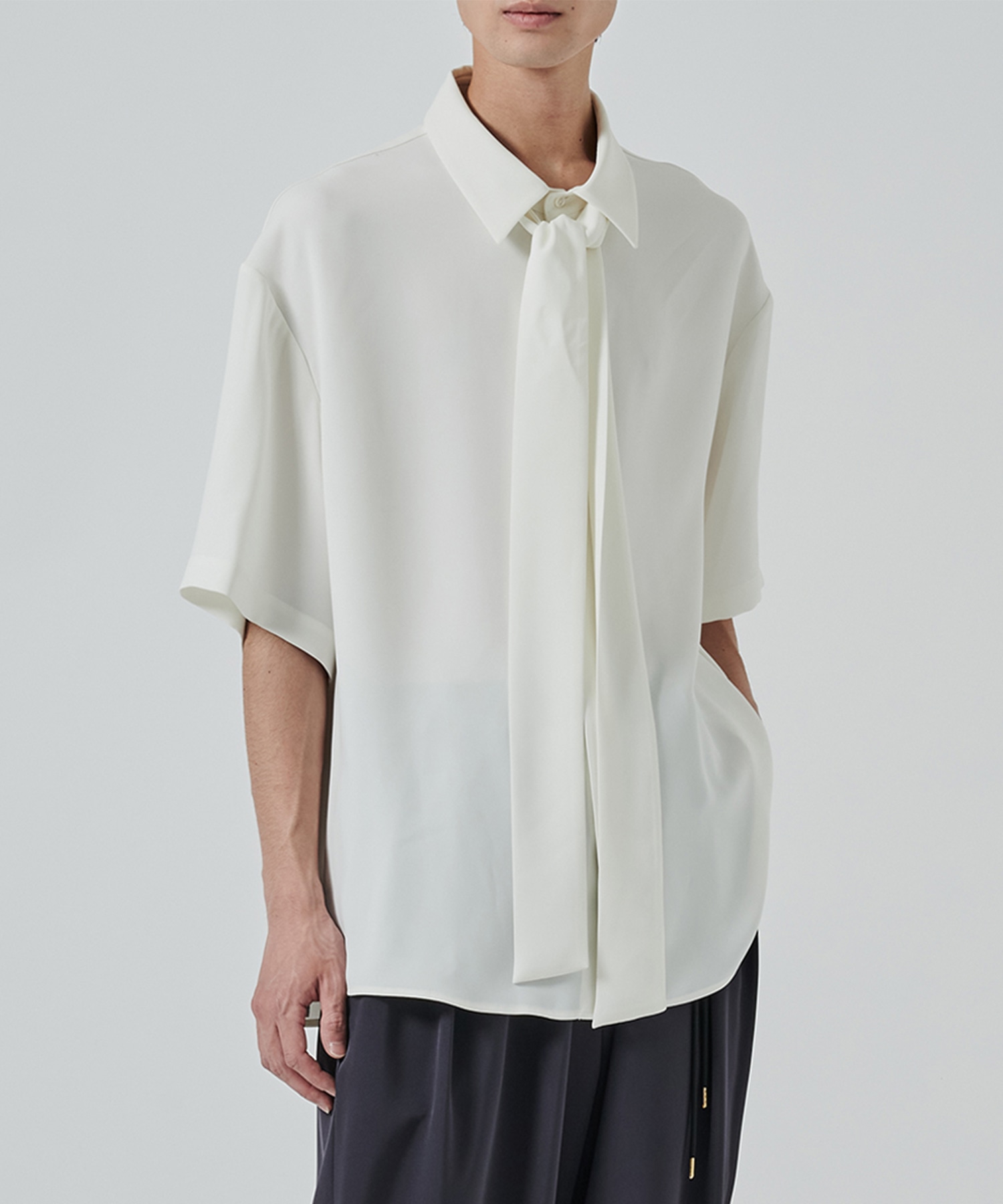 Double Satin Bow Tie Short Sleeve Shirt