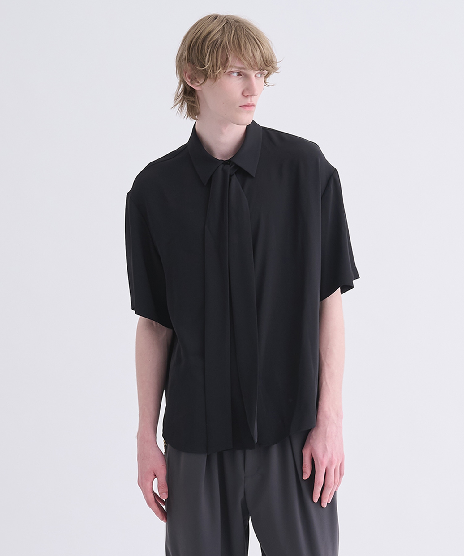 Double Satin Bow Tie Short Sleeve Shirt