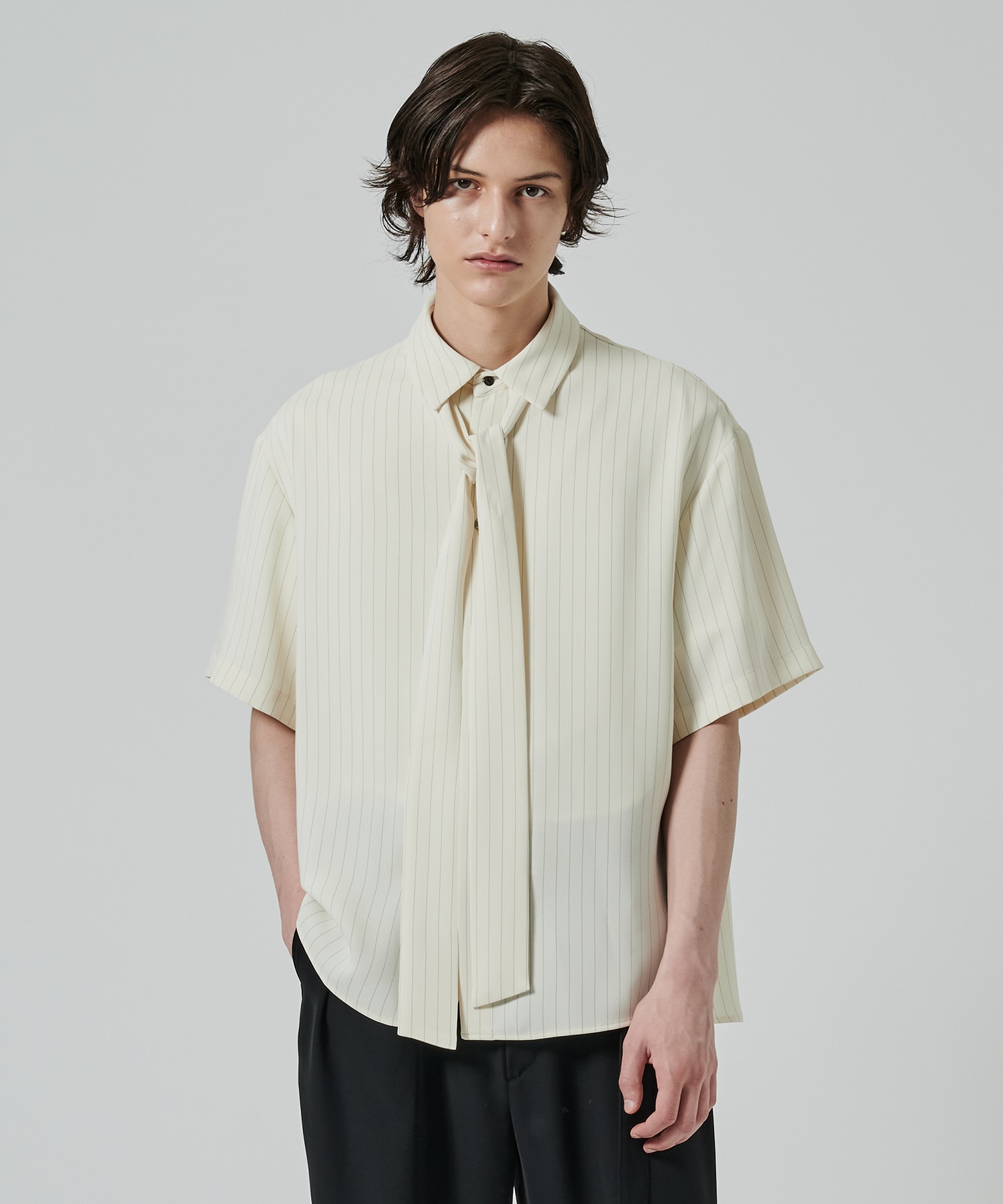 Double Satin Stripe Bow Tie Short Sleeve Shirt