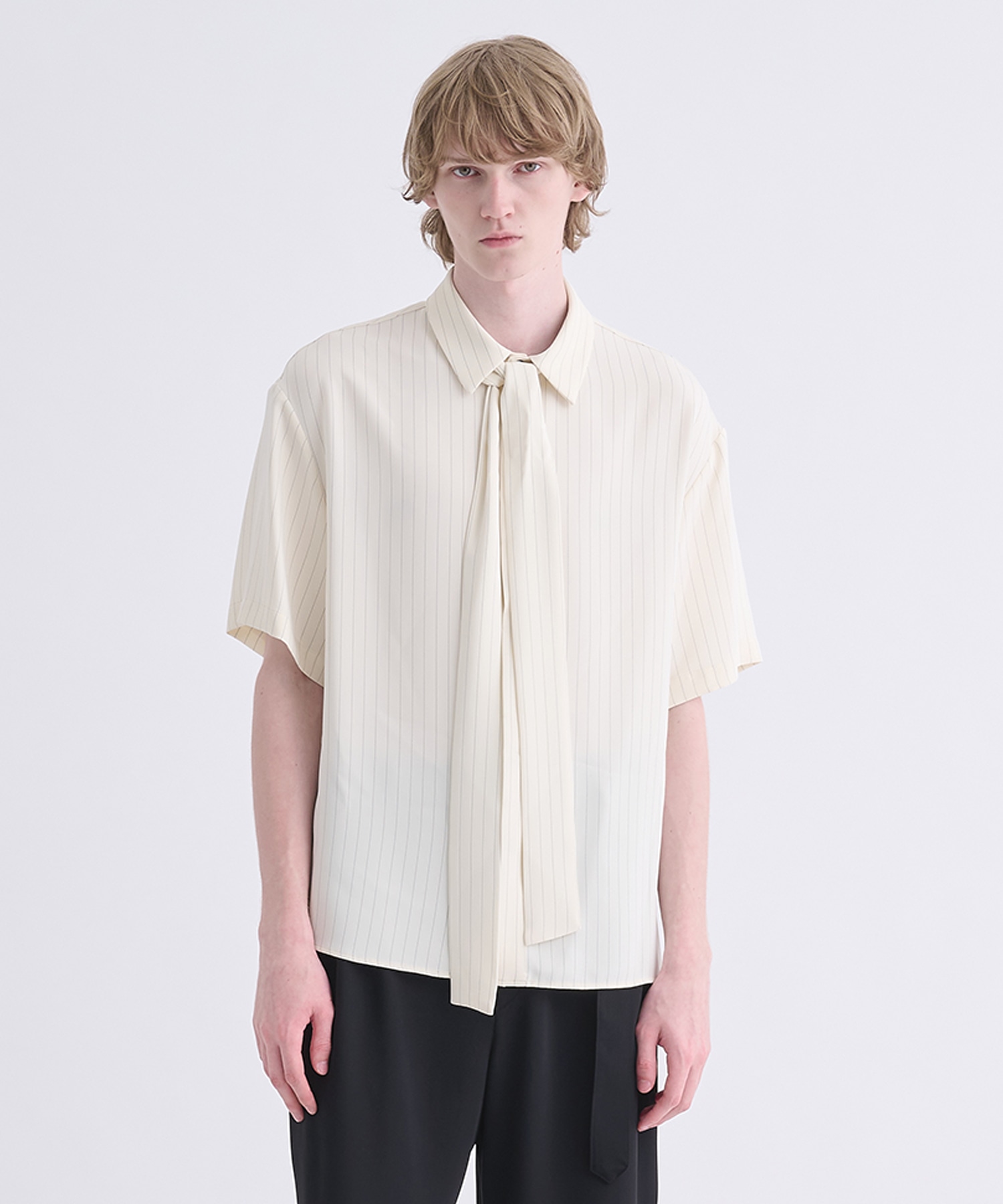 Double Satin Stripe Bow Tie Short Sleeve Shirt