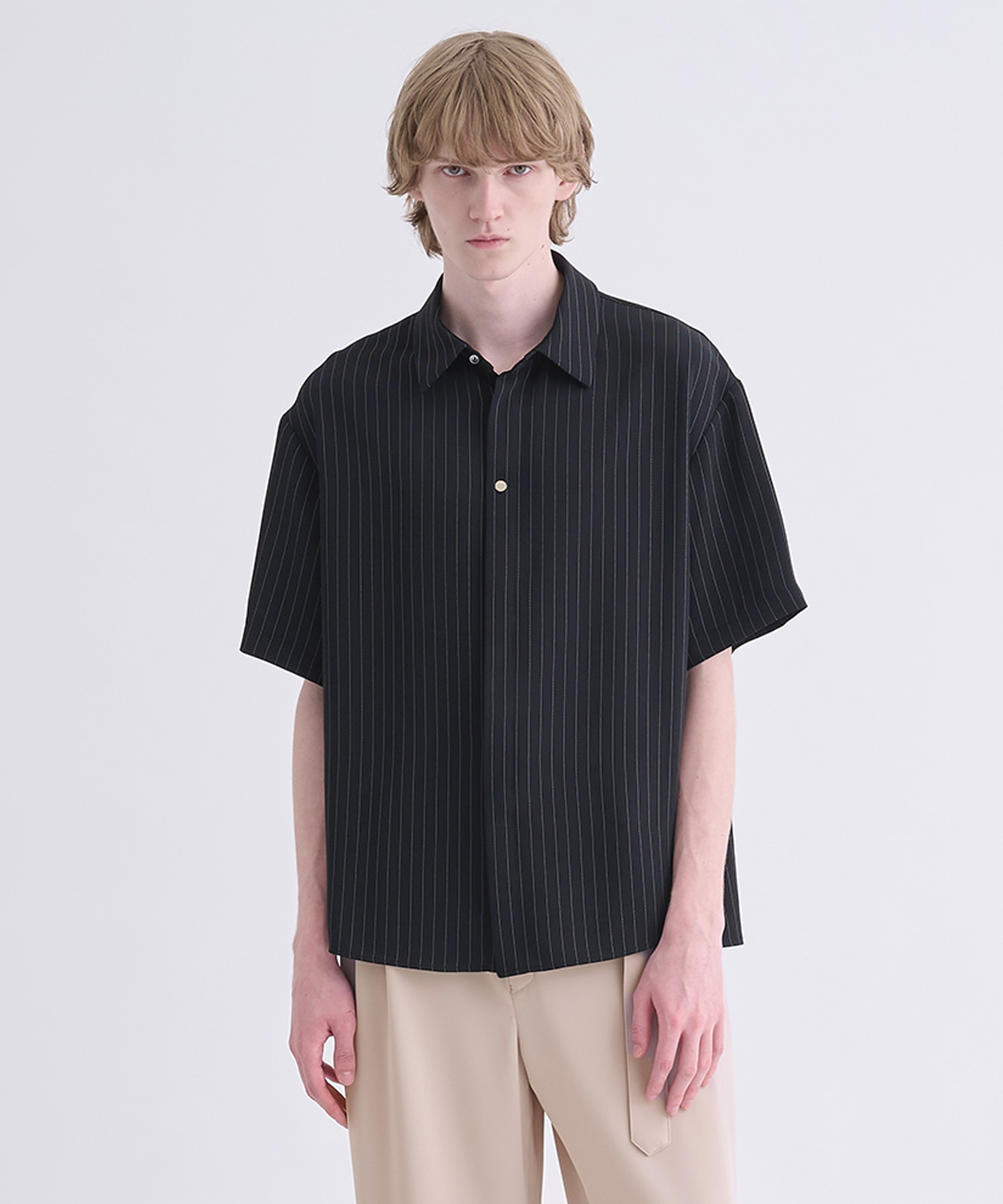 Double Satin Stripe Bow Tie Short Sleeve Shirt