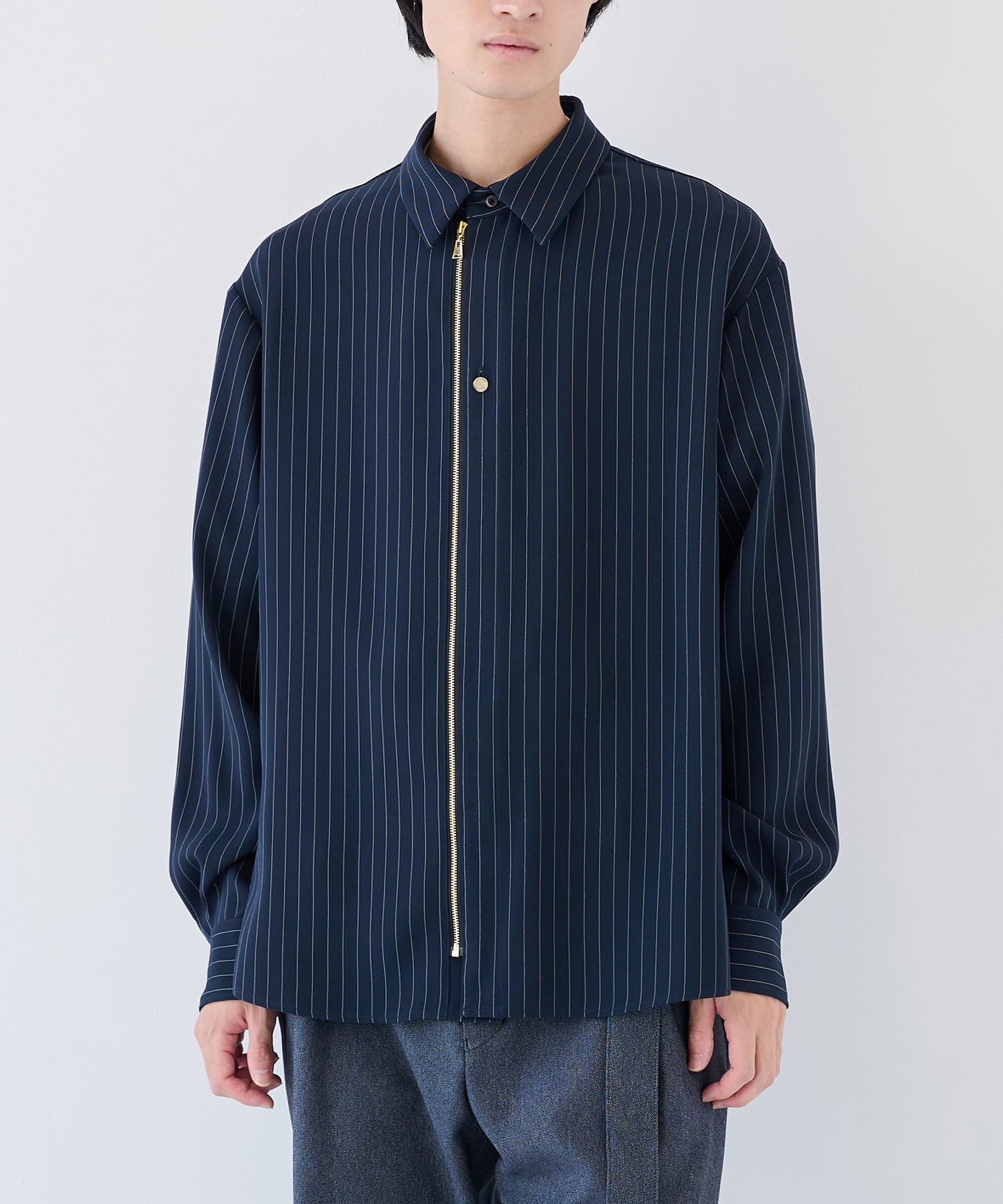Stripe Double Cloth Zip Up L/S Shirt