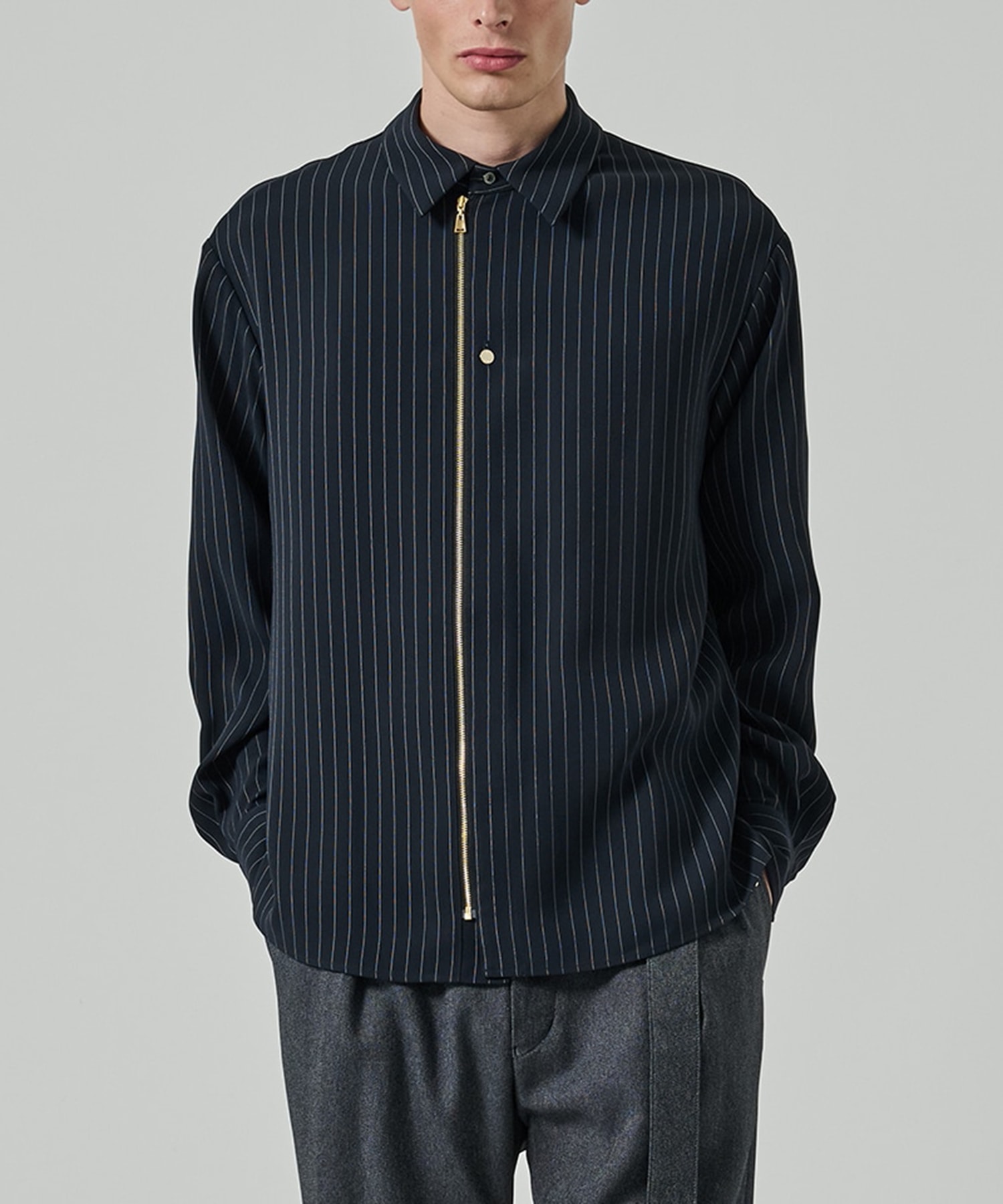 Stripe Double Cloth Zip Up L/S Shirt