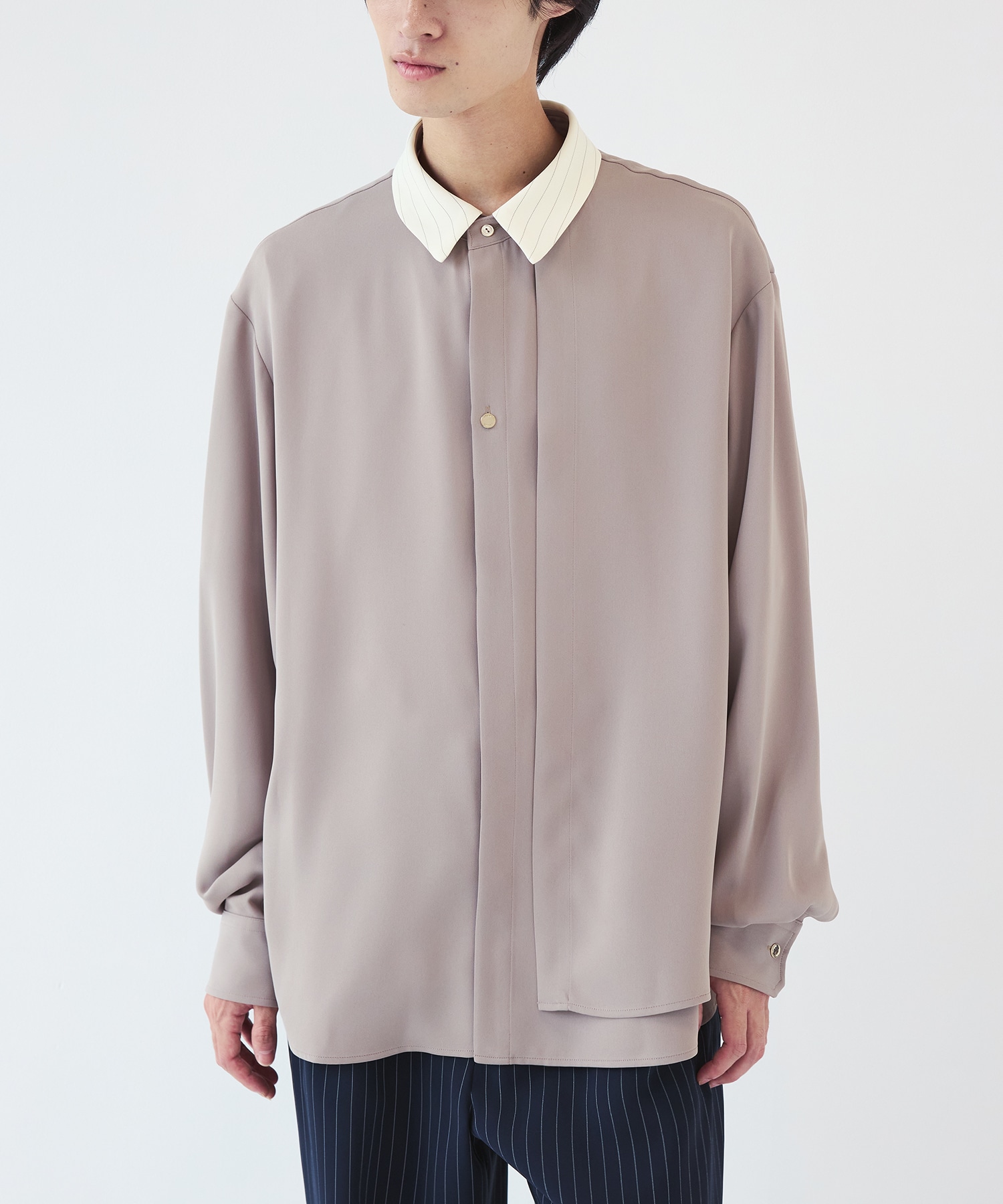 Stripe Collar Double Cloth Asymmetrical Layered Shirt