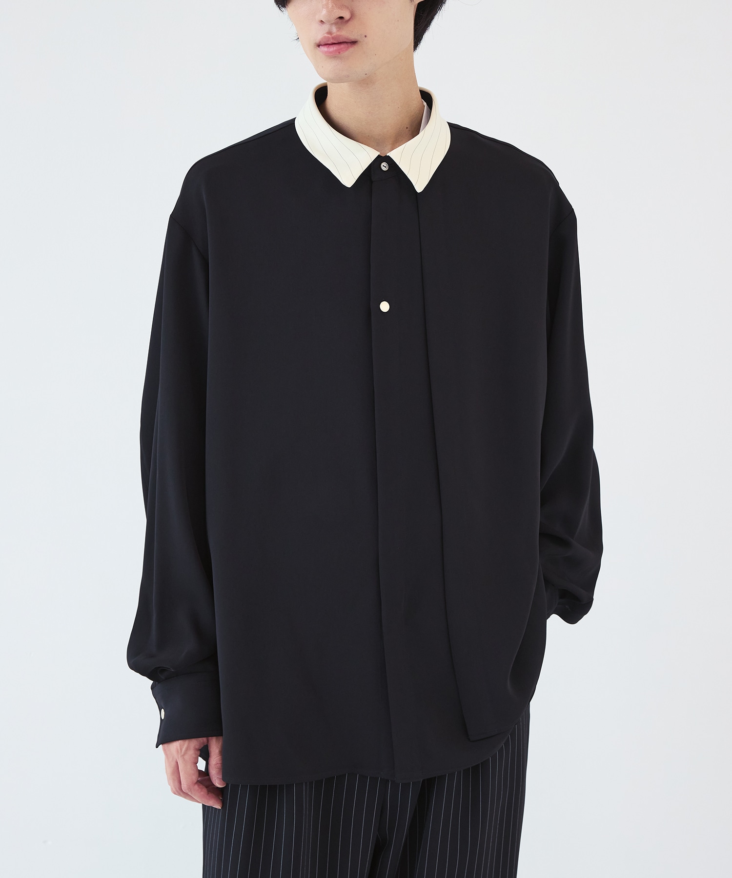 Stripe Collar Double Cloth Asymmetrical Layered Shirt