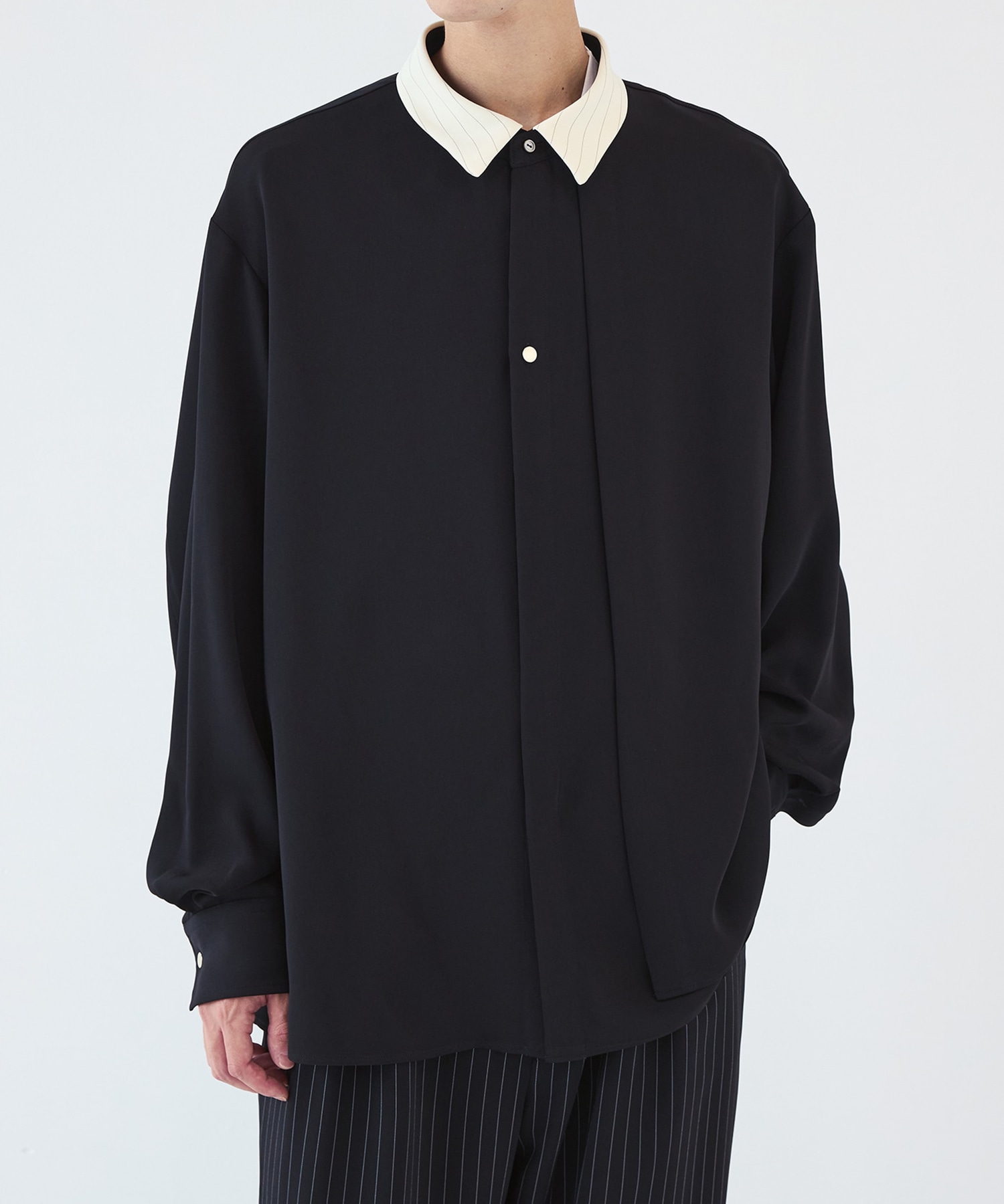 Stripe Collar Double Cloth Asymmetrical Layered Shirt