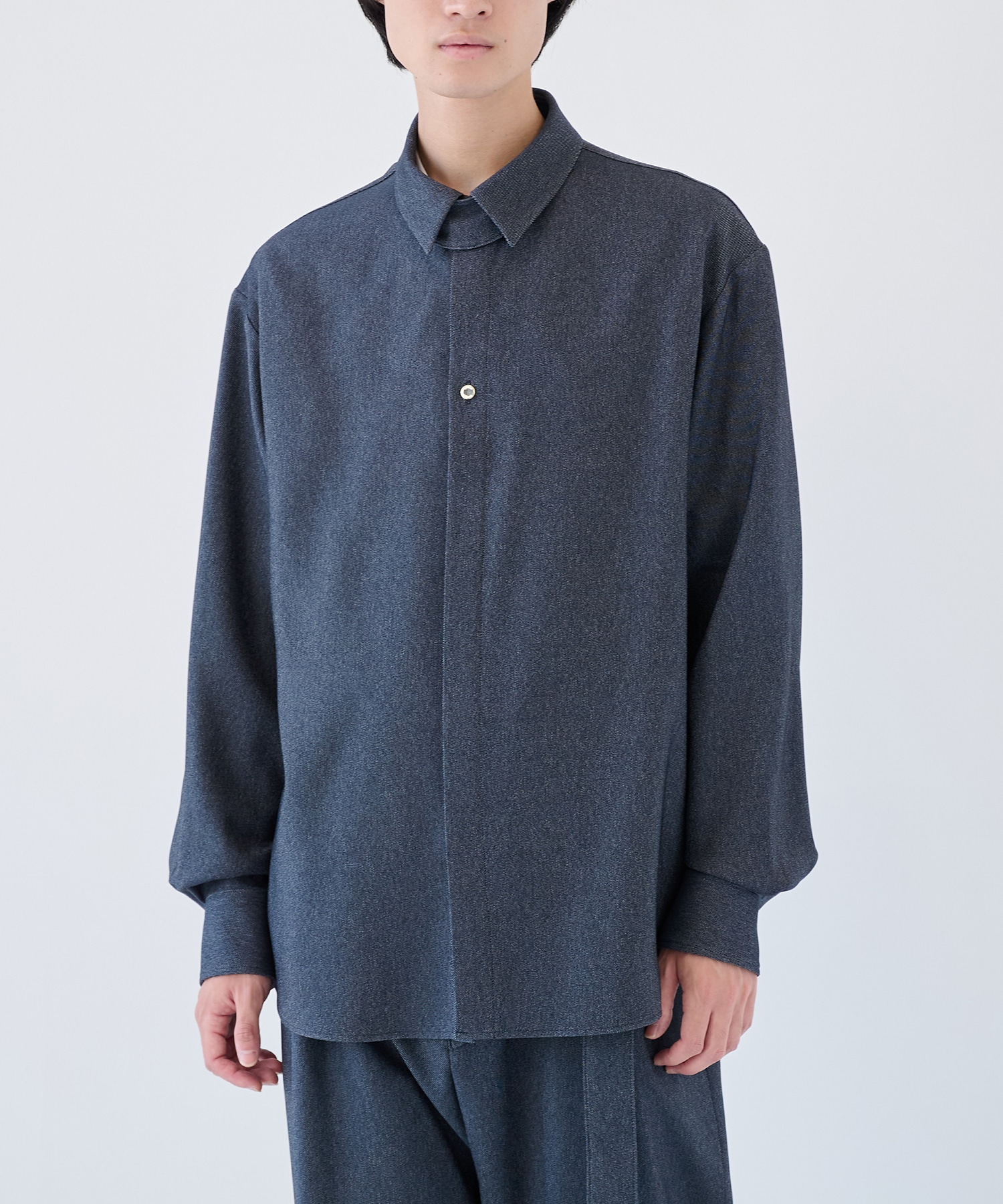 Faux Denim Front Fly Chin Tab Shirt