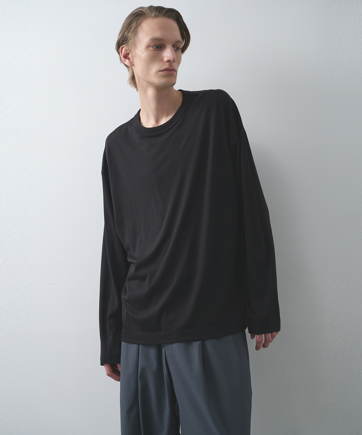 スーパー160'sウール 防縮天竺 / コンフォートフィットL/S Tee, Black