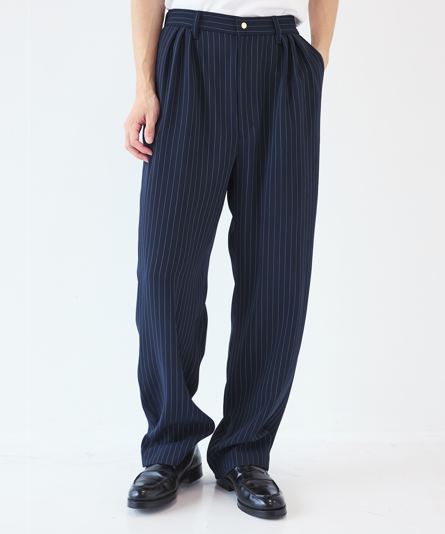 Stripe Double Cloth 3Tuck Semi Wide Pants