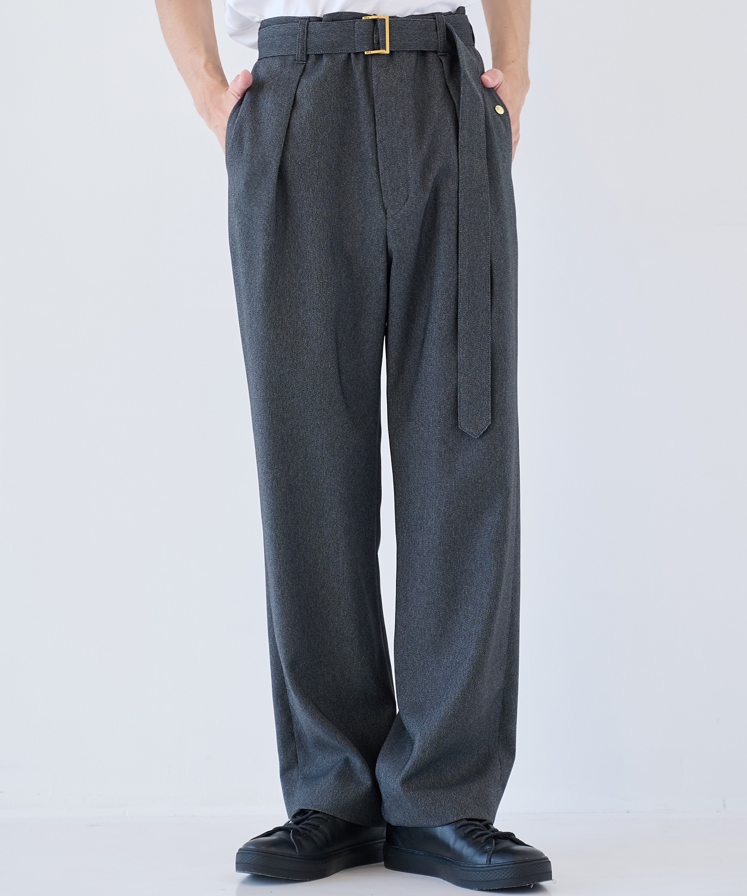 Faux Denim 1Tuck Semi Wide Pants with Long Belt