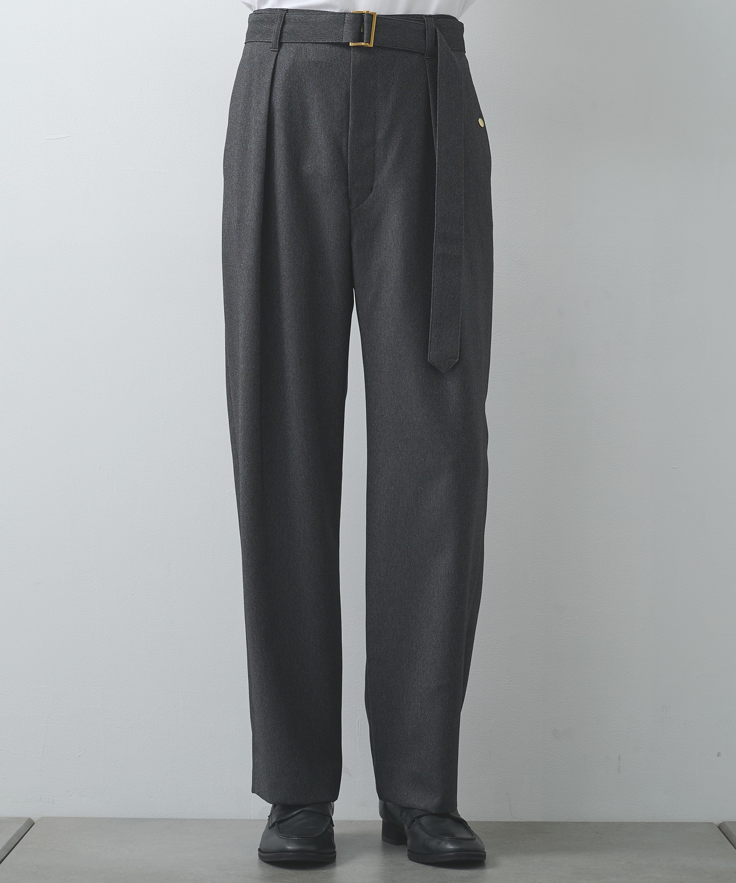 Faux Denim 1Tuck Semi Wide Pants with Long Belt