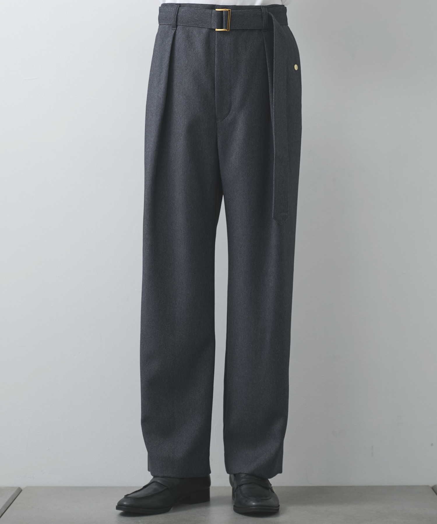 Faux Denim 1Tuck Semi Wide Pants with Long Belt