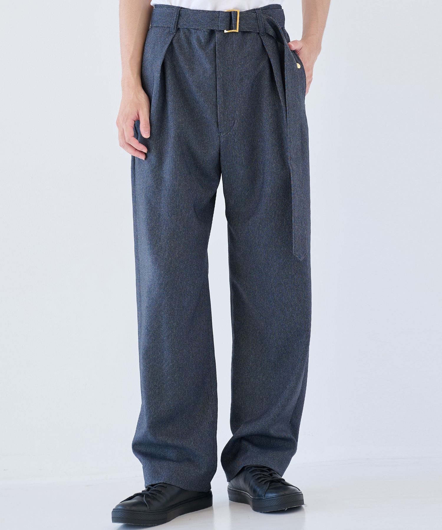 Faux Denim 1Tuck Semi Wide Pants with Long Belt