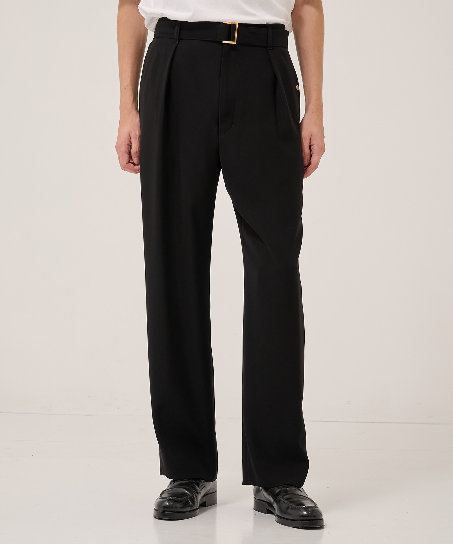 Double Cloth Twill 1Tuck Semi Wide Pants with Long Belt