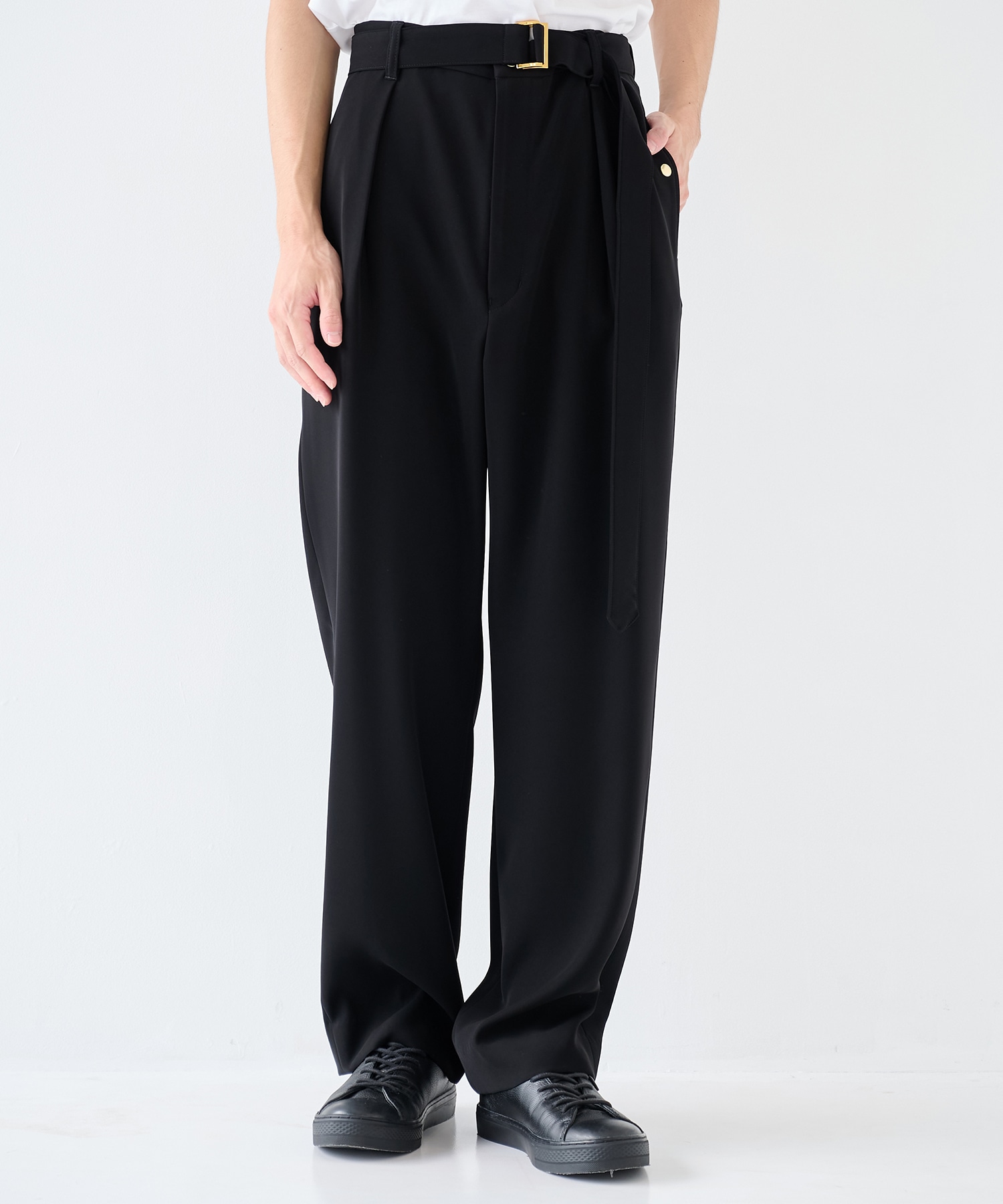 Double Cloth Twill 1Tuck Semi Wide Pants with Long Belt