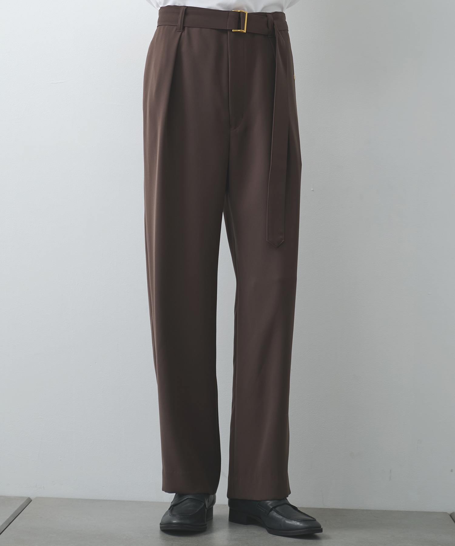 Double Cloth Twill 1Tuck Semi Wide Pants with Long Belt