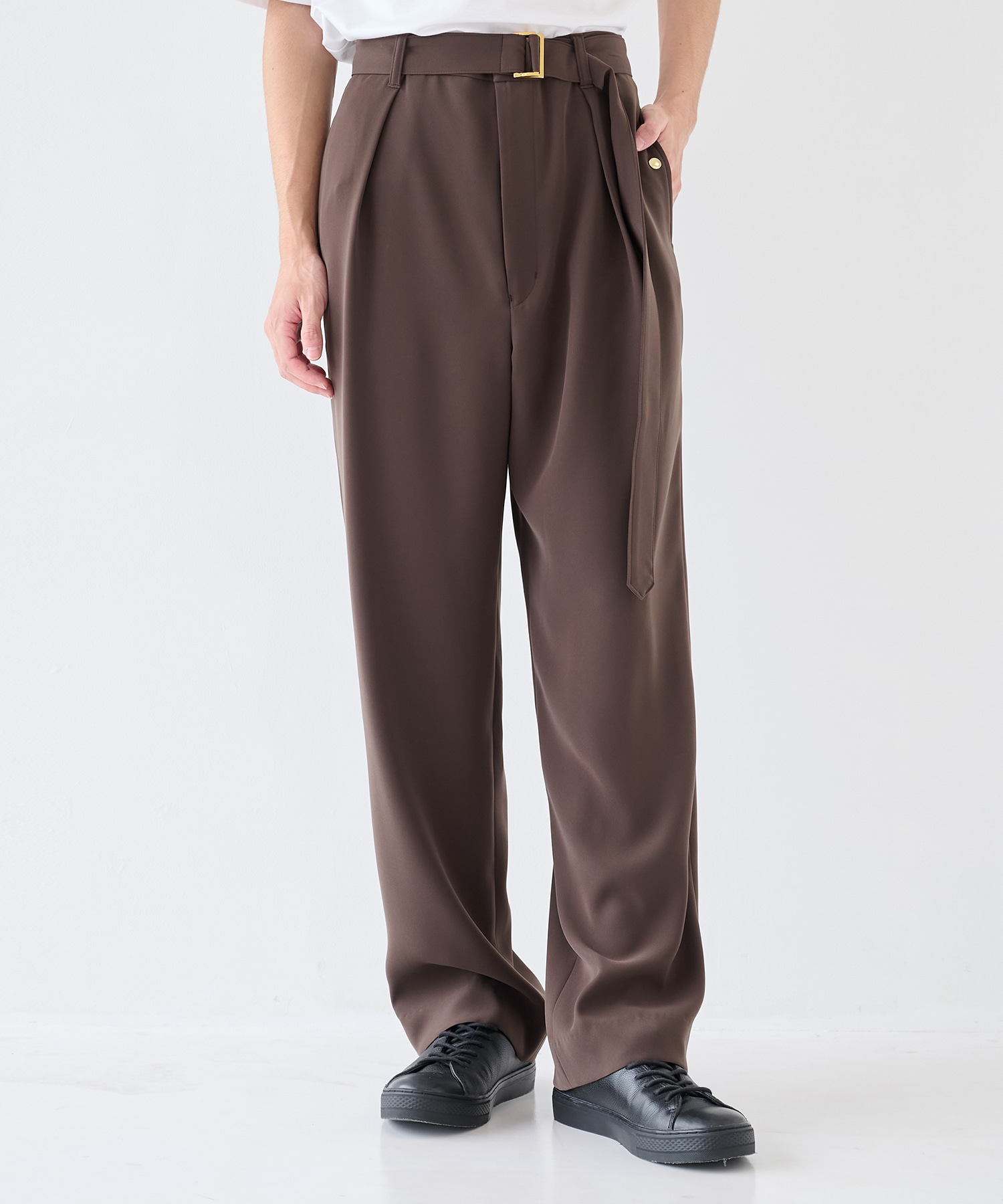 Double Cloth Twill 1Tuck Semi Wide Pants with Long Belt