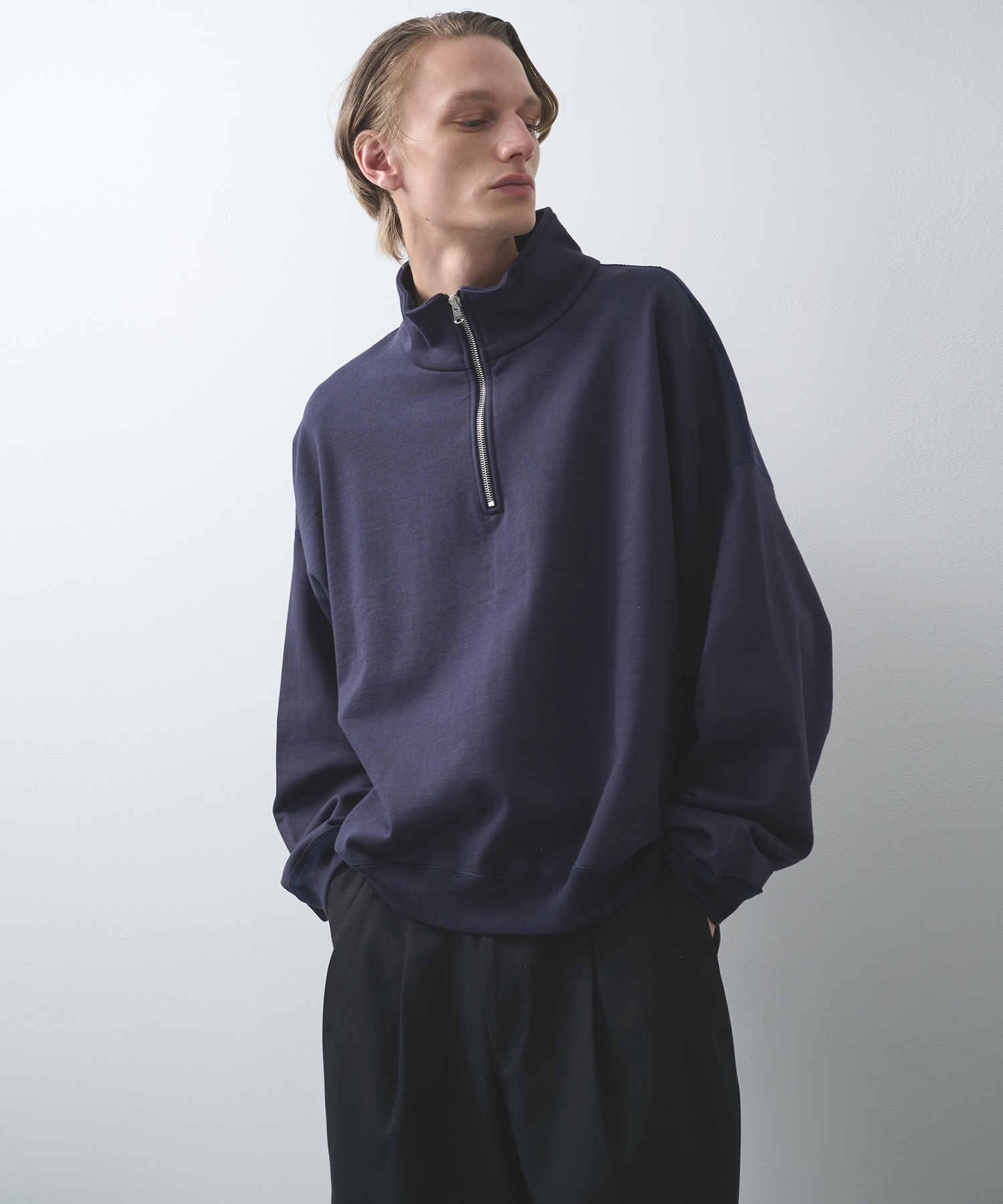 オーガニックコットンヘビー吊裏毛 / ショートクォータージッププルオーバー, D Navy