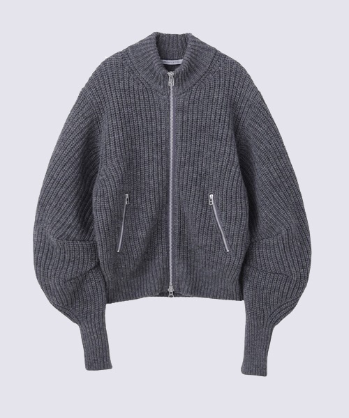 RIBED MASSIVE ROUNDED SLEEVE ZIP-UP KNIT JACKET