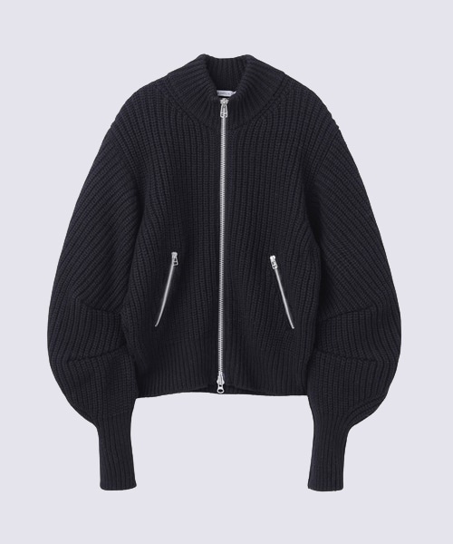 RIBED MASSIVE ROUNDED SLEEVE ZIP-UP KNIT JACKET