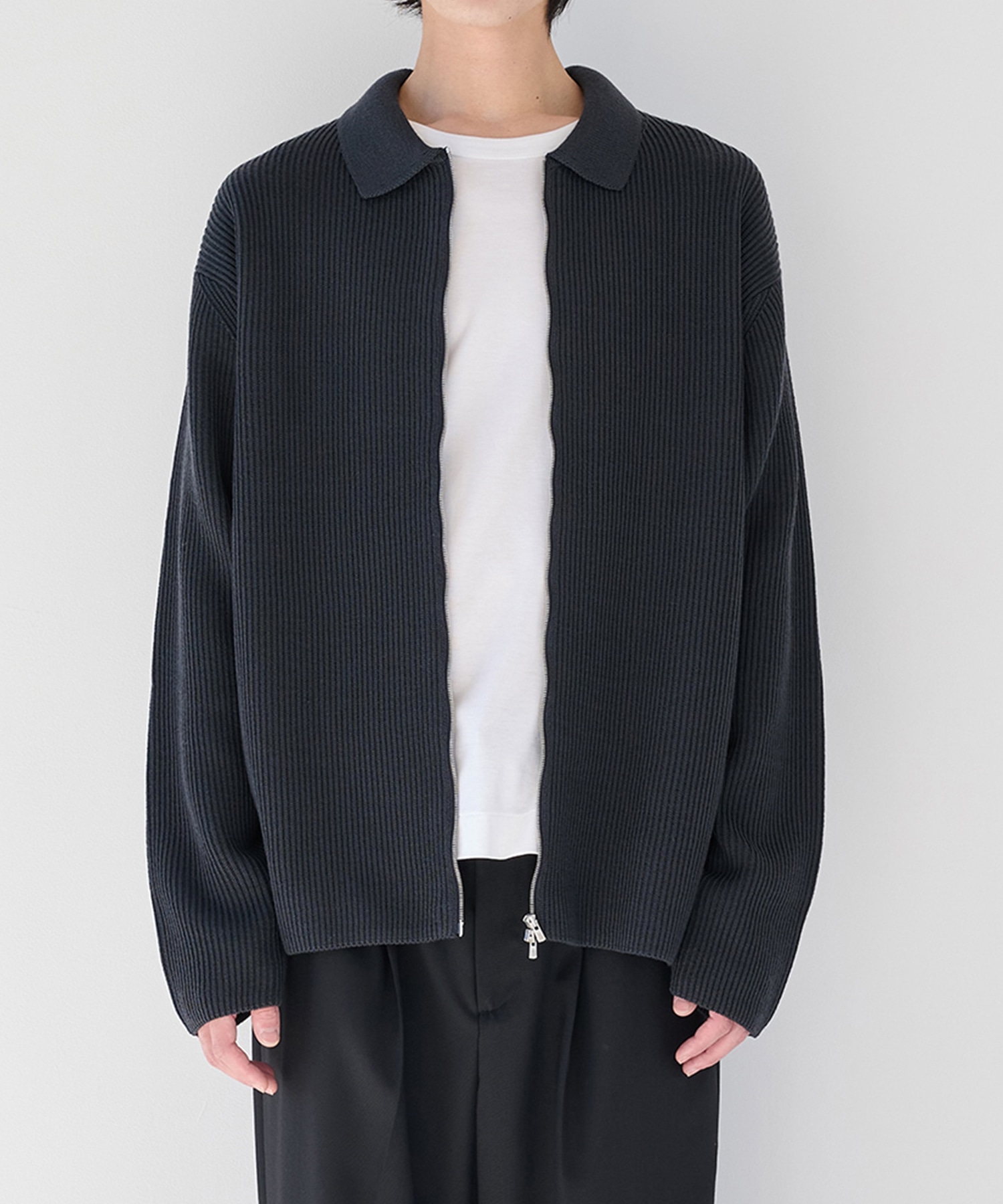 SOLID WOOL RIB POLO ZIP UP CARDIGAN