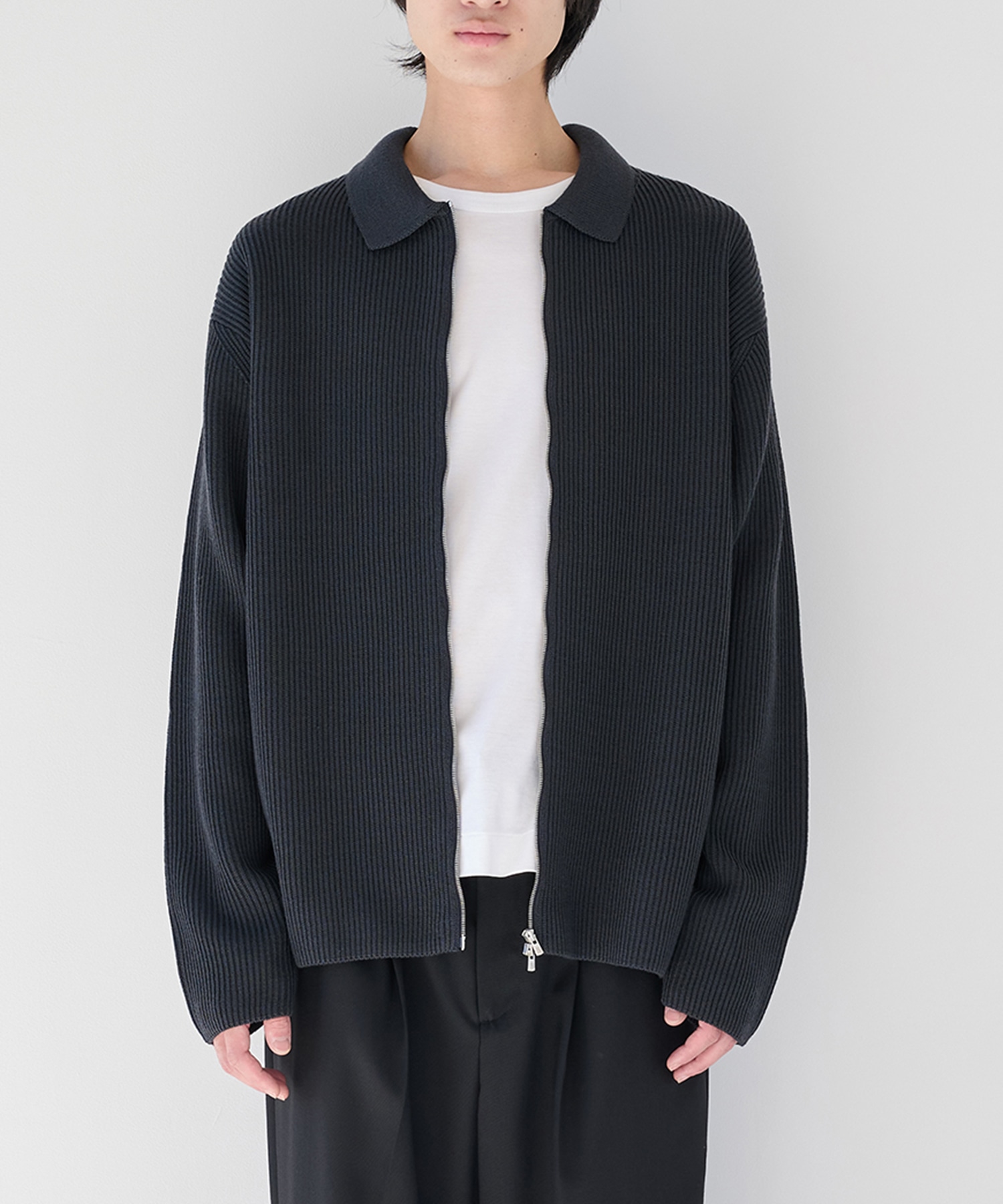 SOLID WOOL RIB POLO ZIP UP CARDIGAN