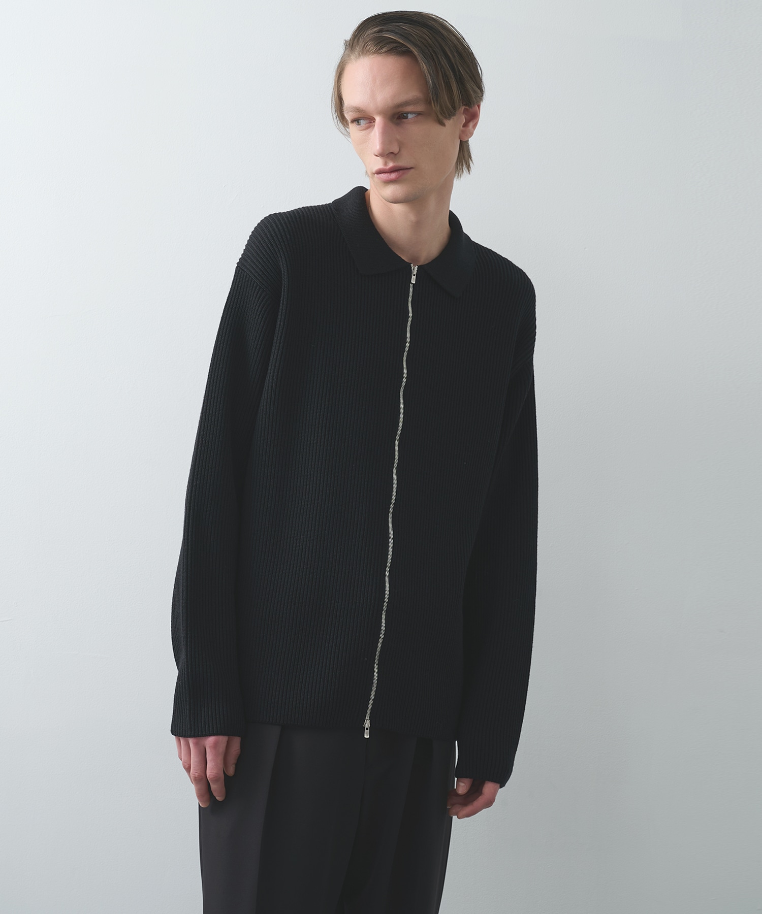 SOLID WOOL RIB POLO ZIP UP CARDIGAN