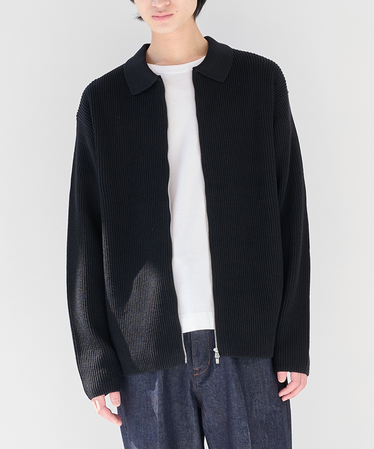SOLID WOOL RIB POLO ZIP UP CARDIGAN