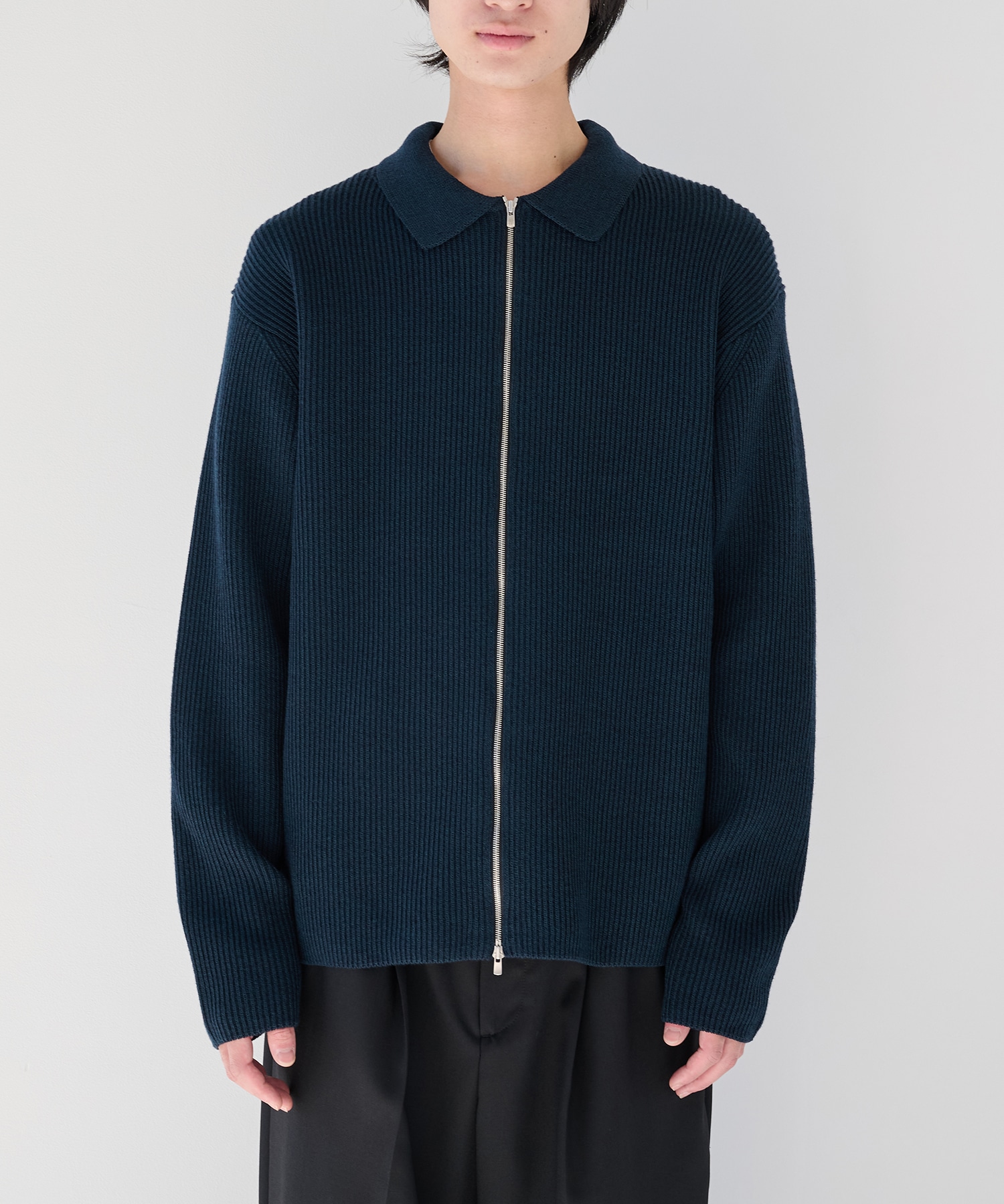 SOLID WOOL RIB POLO ZIP UP CARDIGAN