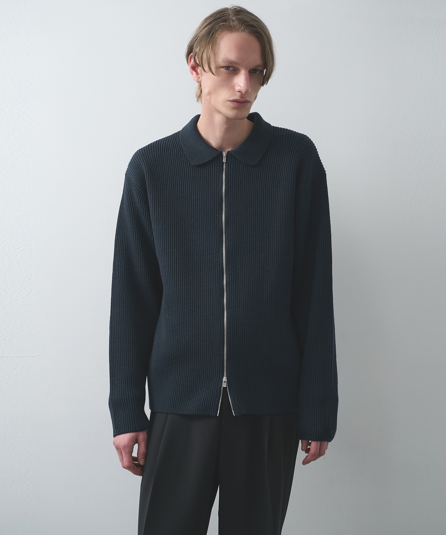 SOLID WOOL RIB POLO ZIP UP CARDIGAN