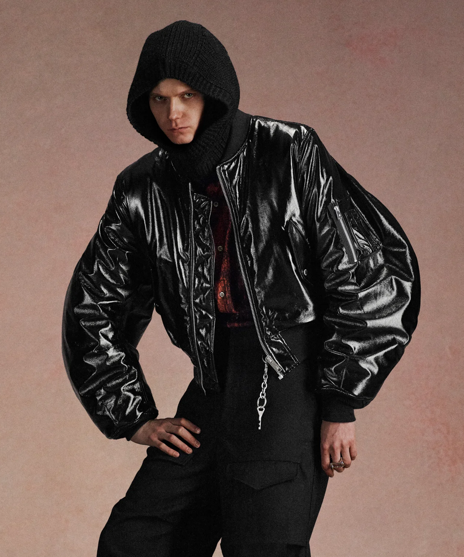 PATENT MASSIVE ROUNDED SLEEVE BOMBER JACKET