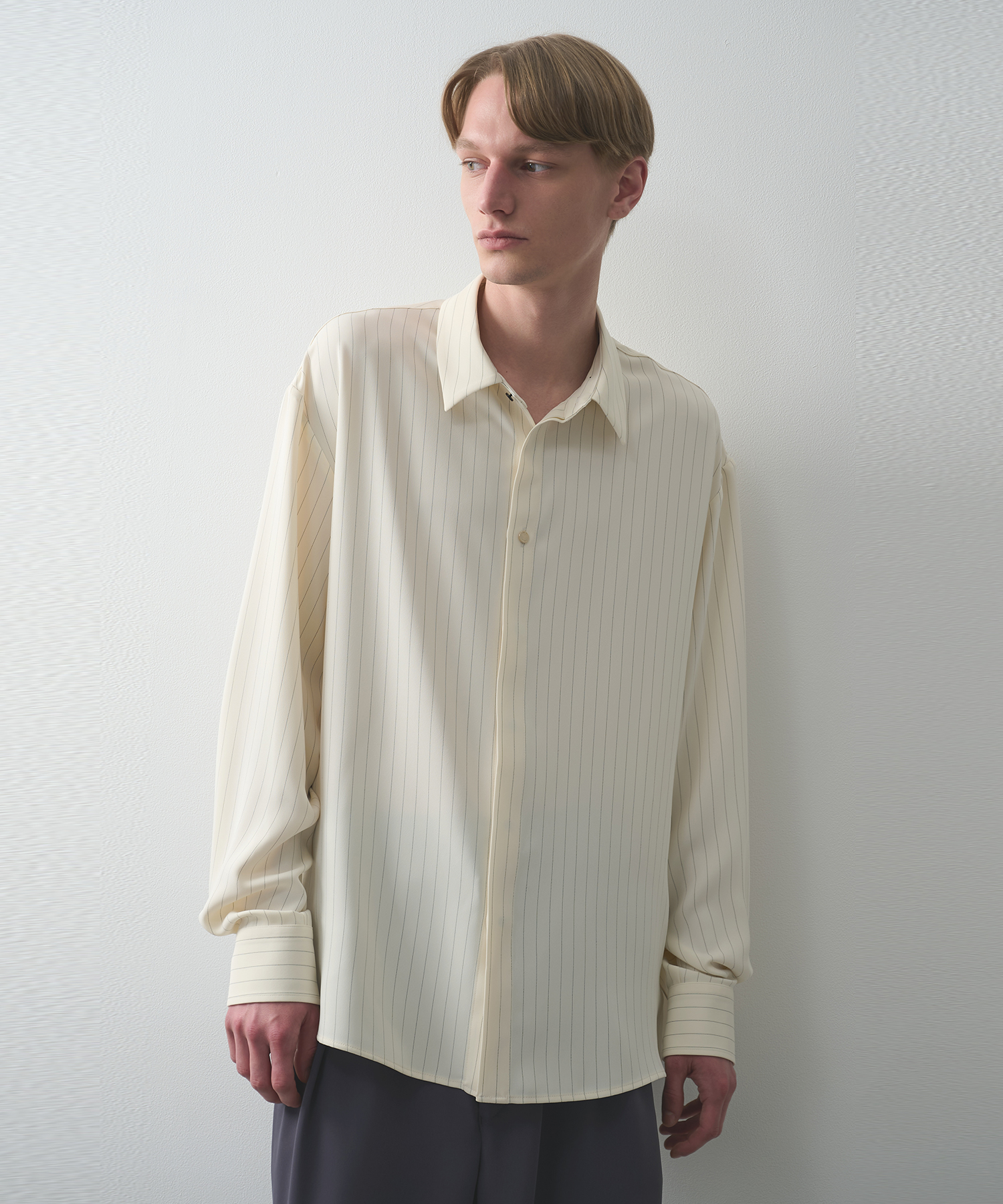 Stripe Double Cloth Chin Tab Long Sleeve Shirt