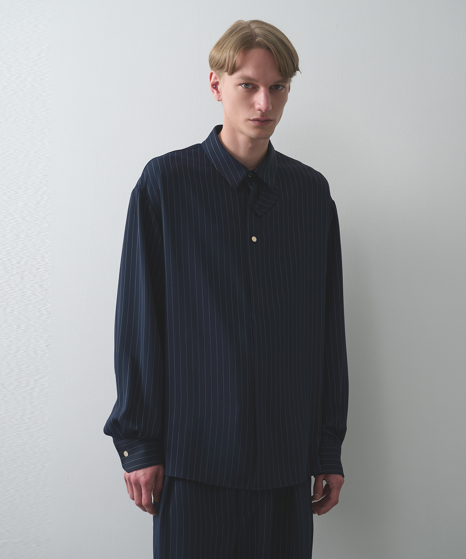 Stripe Double Cloth Chin Tab Long Sleeve Shirt