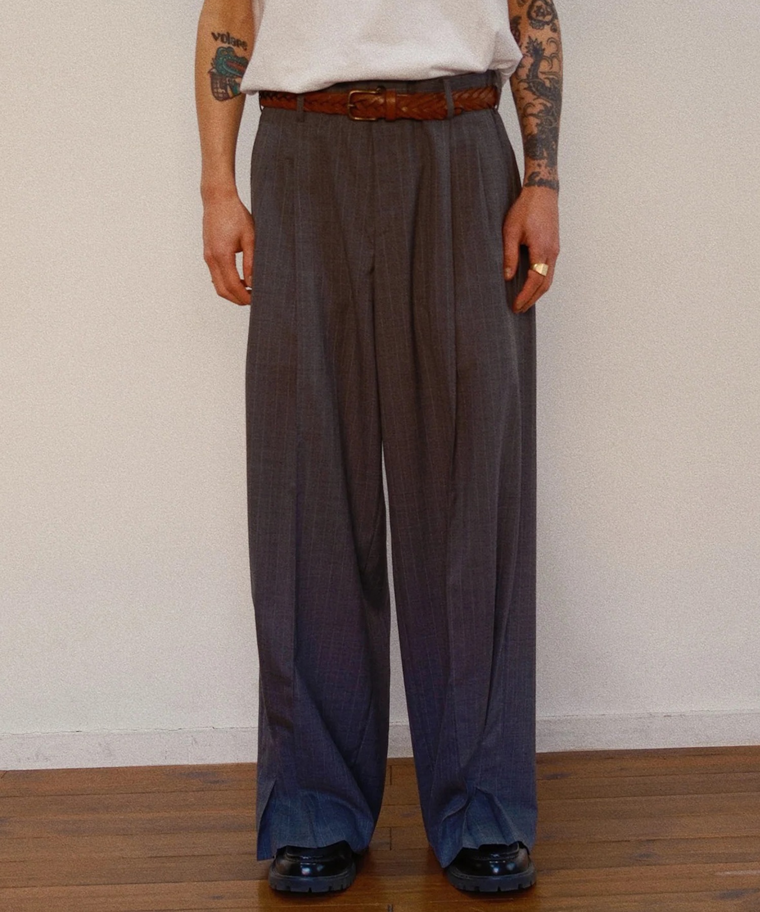 Pleated Stripe Summer Wool Pants