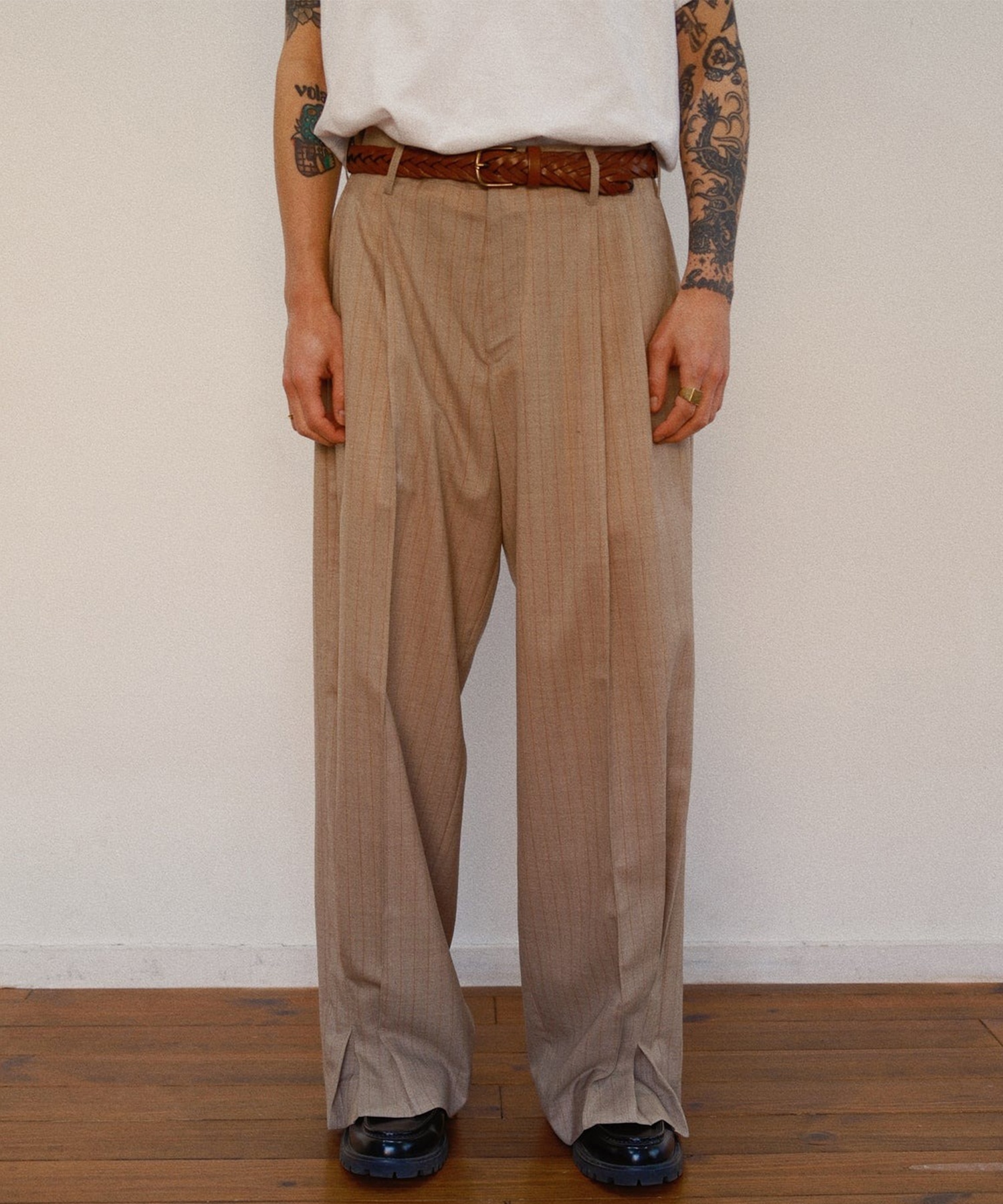 Pleated Stripe Summer Wool Pants