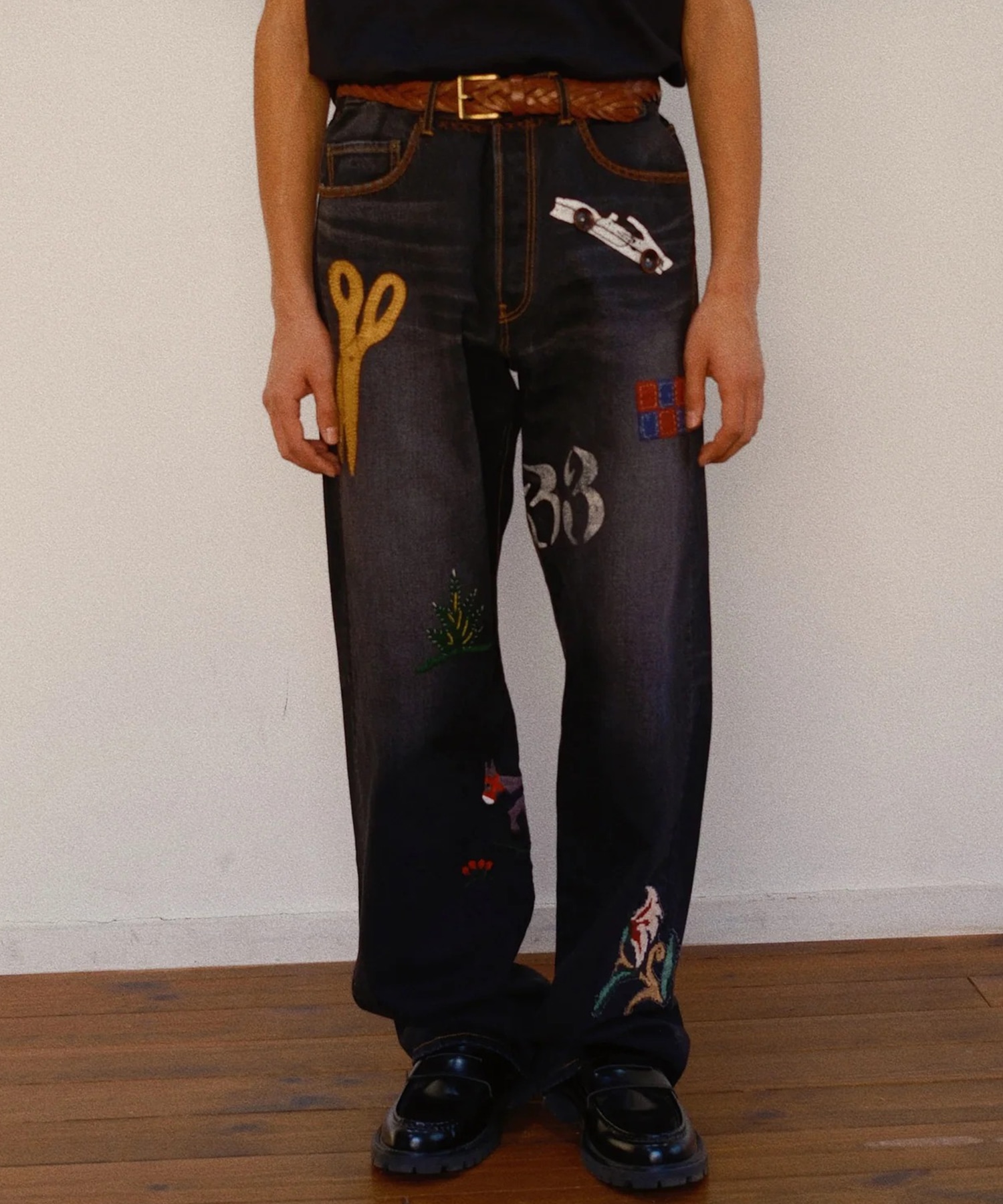 Hand-Embroidered Denim Pants
