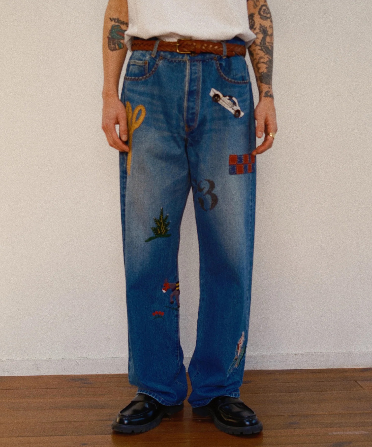 Hand-Embroidered Denim Pants
