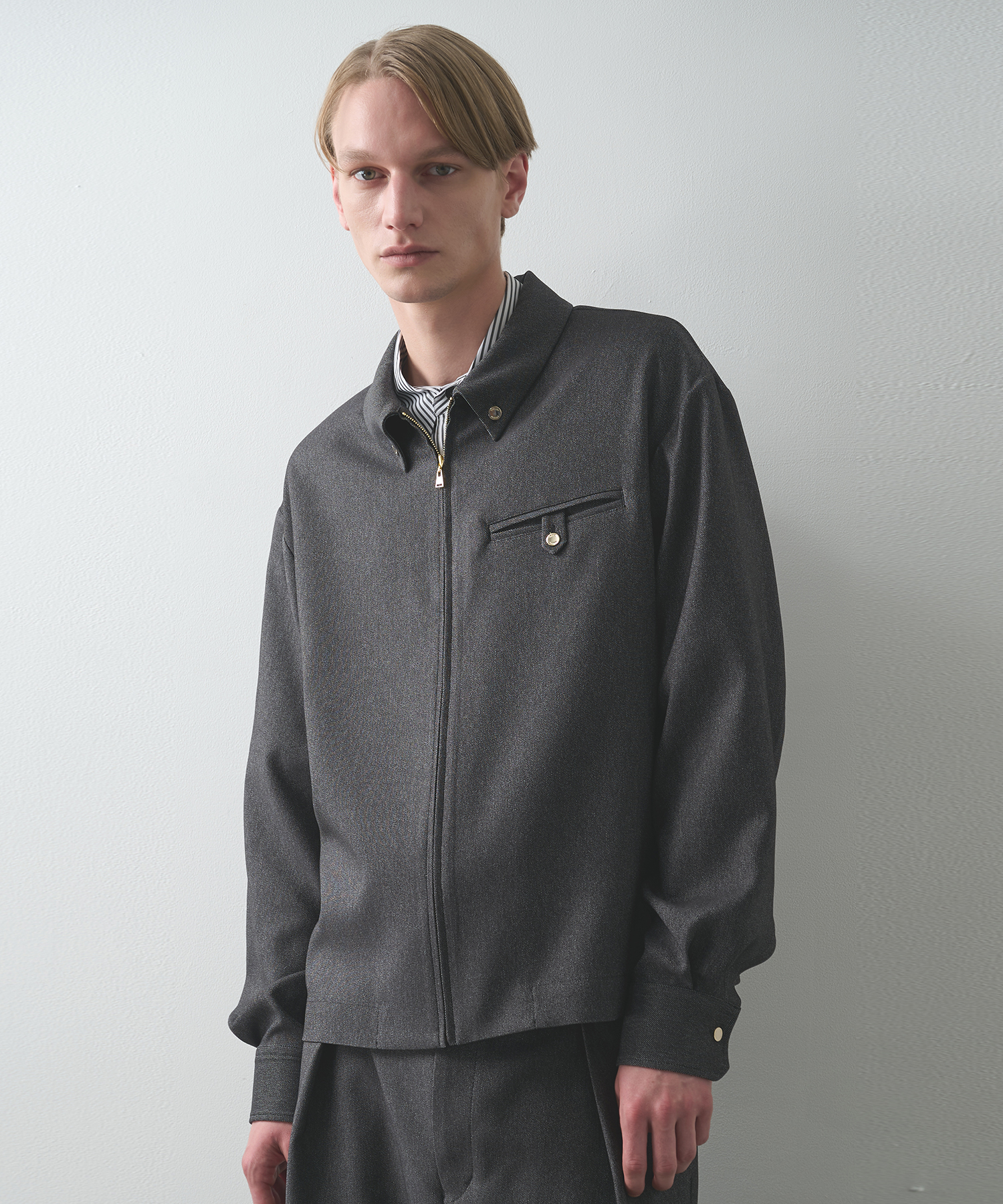 Faux Denim Button-Tab Pocket Zip Up Shirt