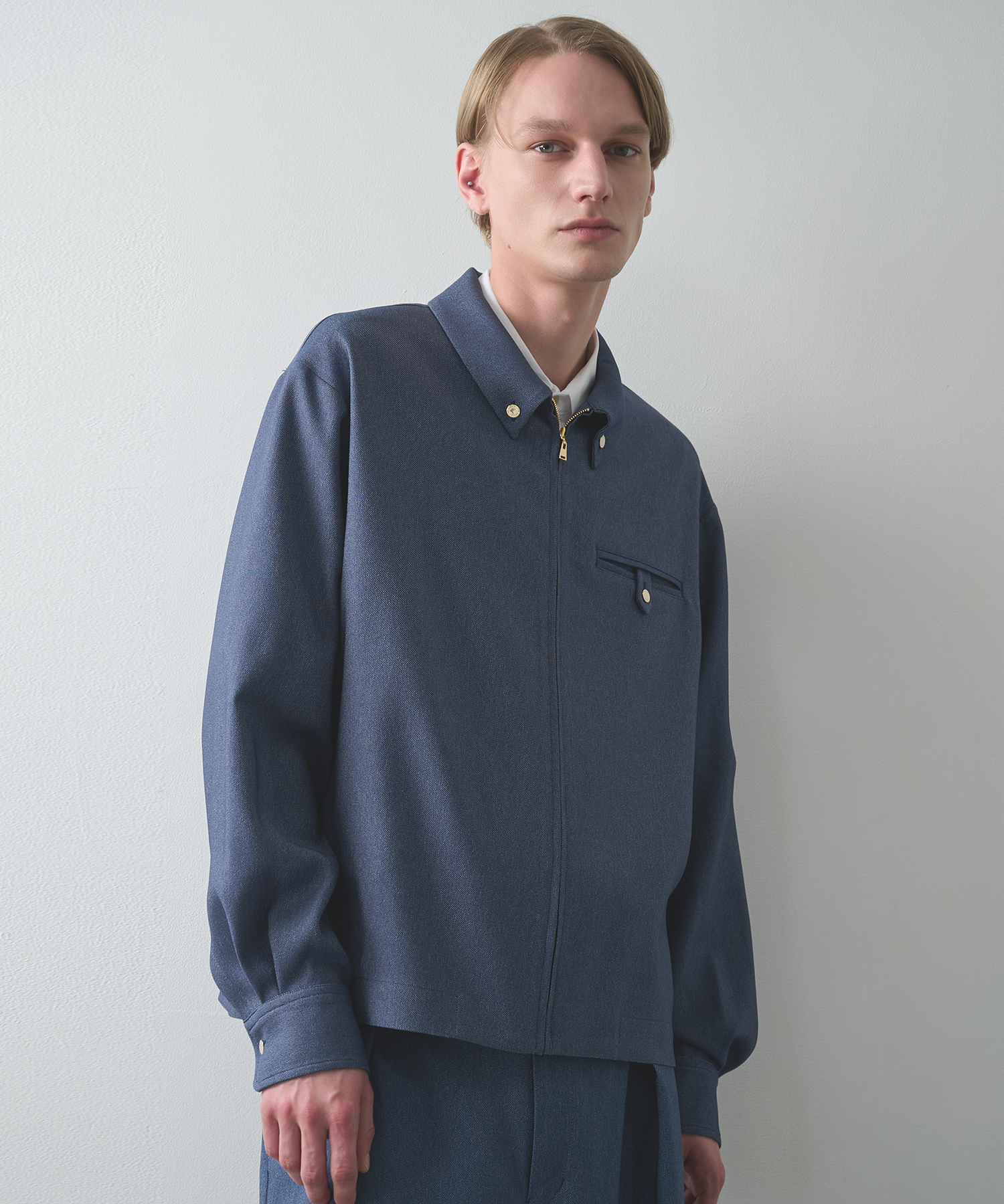 Faux Denim Button-Tab Pocket Zip Up Shirt