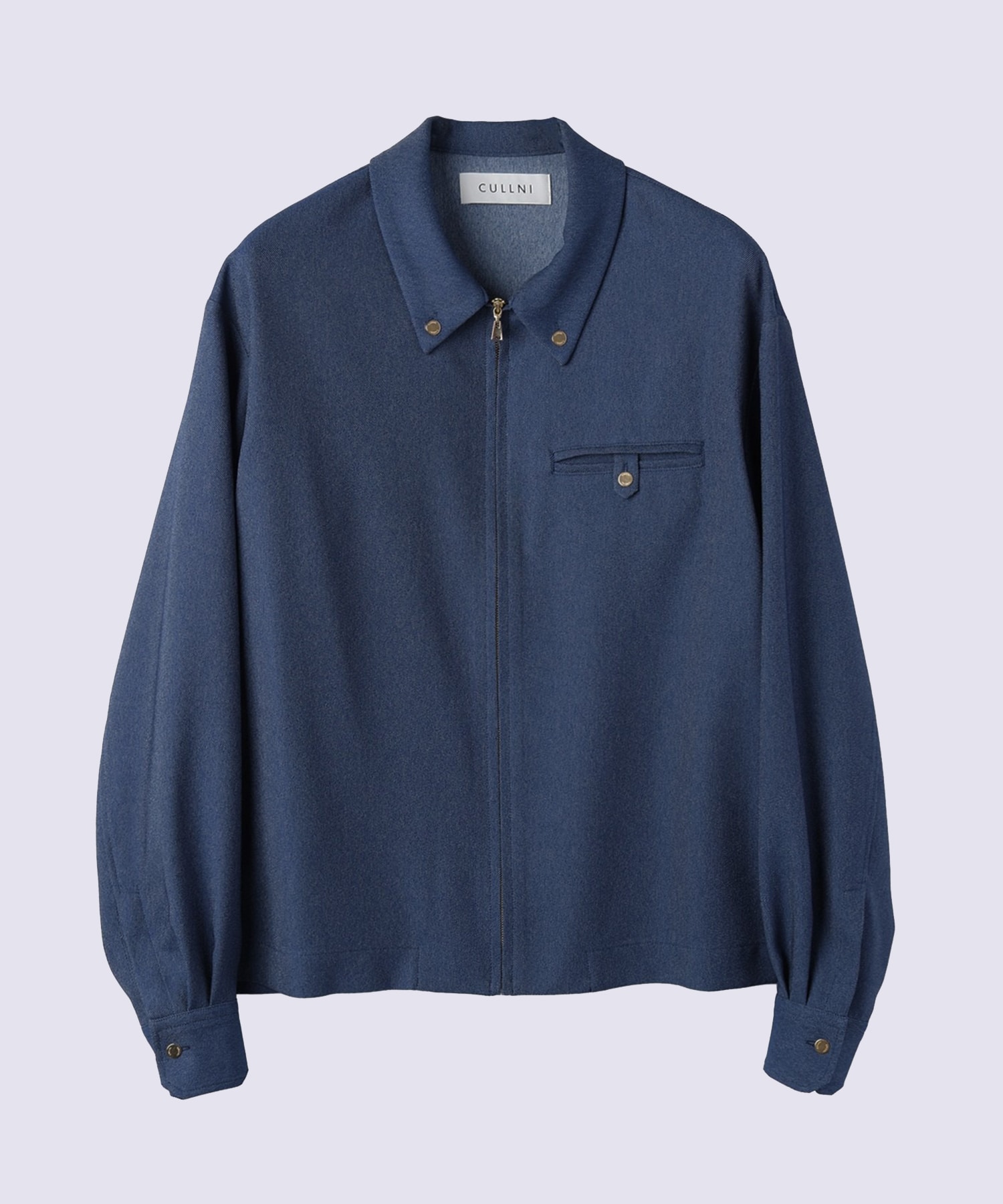 Faux Denim Button-Tab Pocket Zip Up Shirt