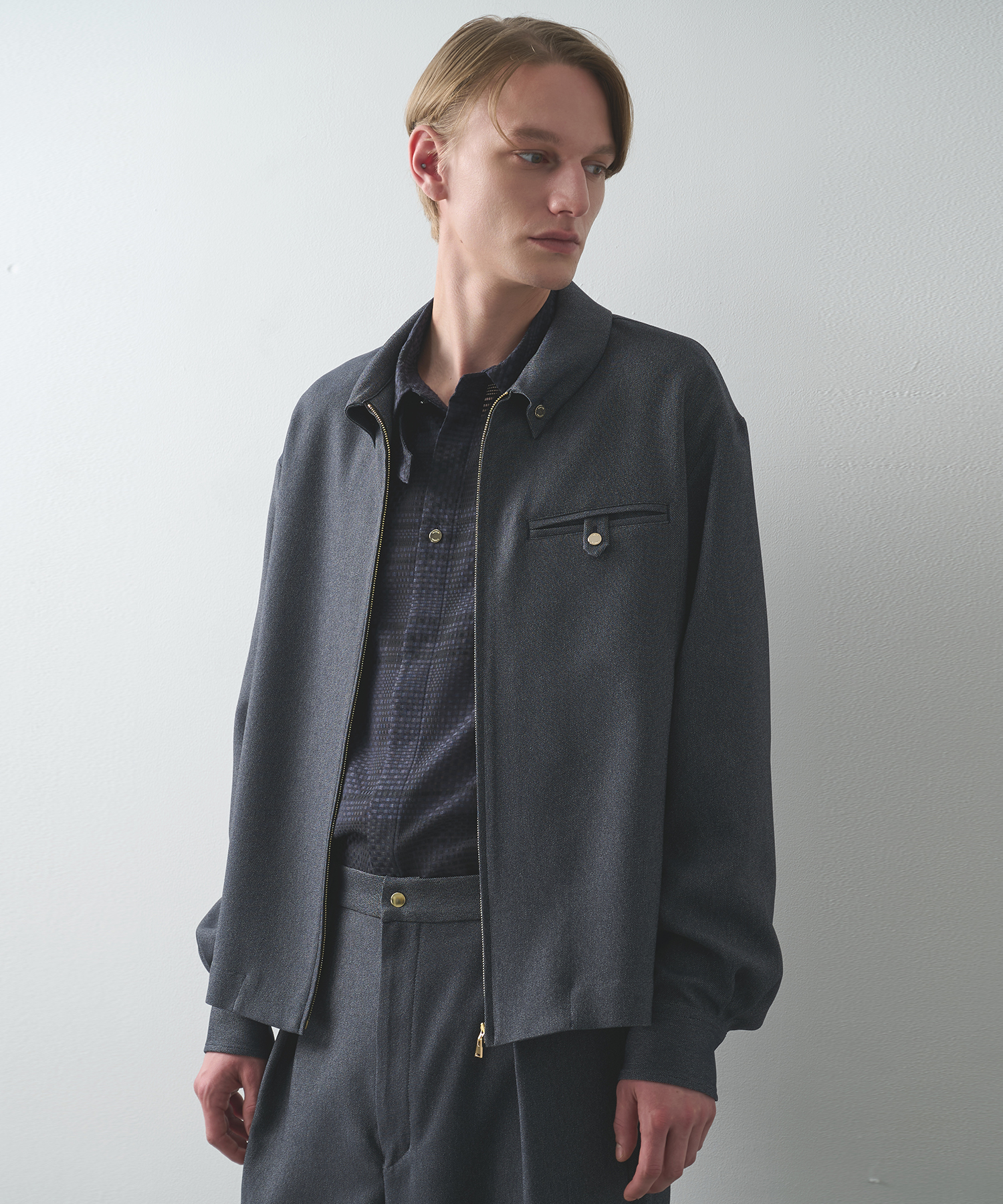 Faux Denim Button-Tab Pocket Zip Up Shirt