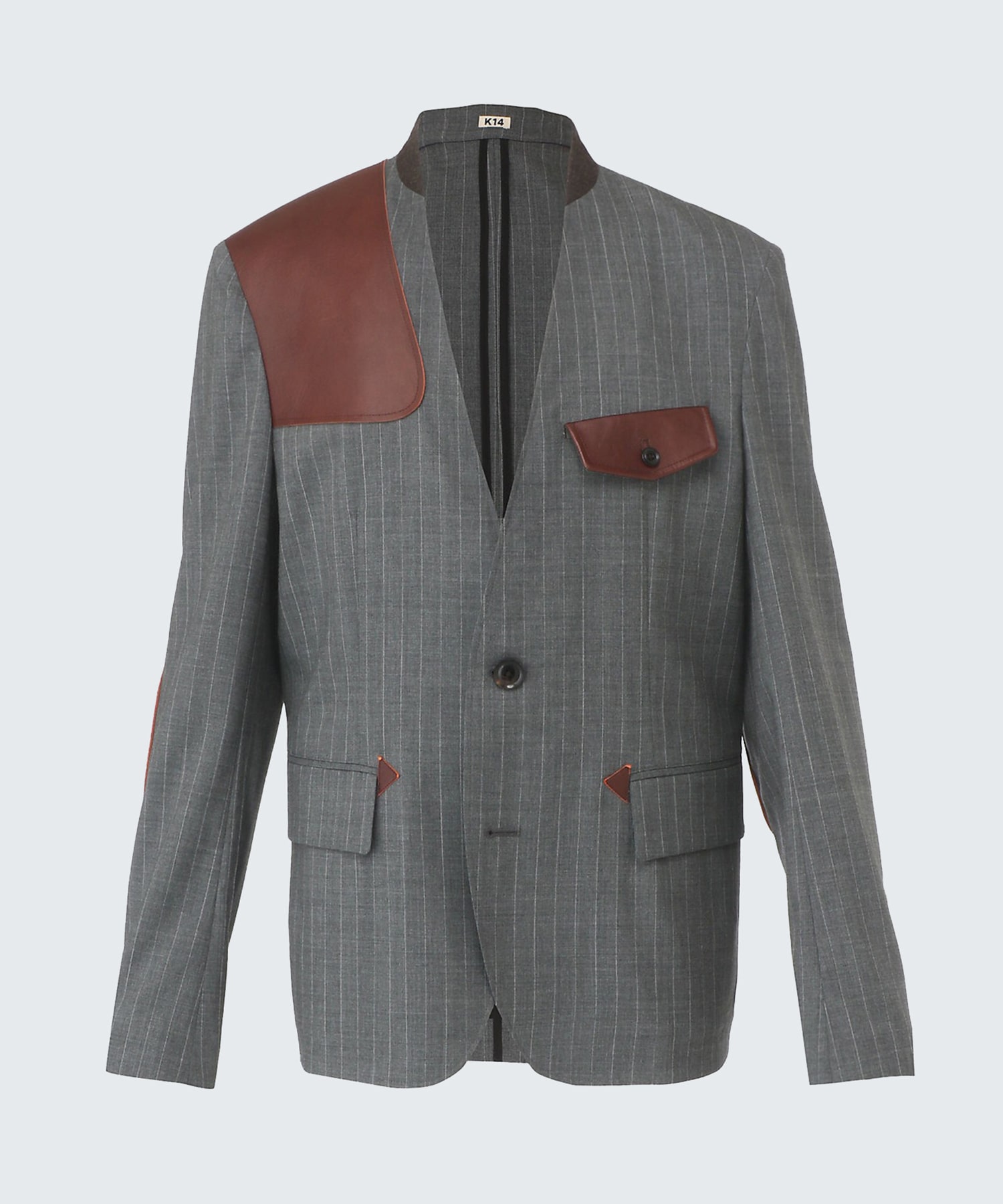 Leather-Patch No-Collar Jacket