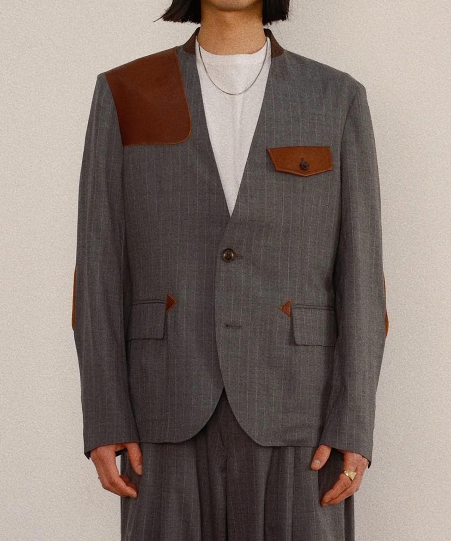 Leather-Patch No-Collar Jacket