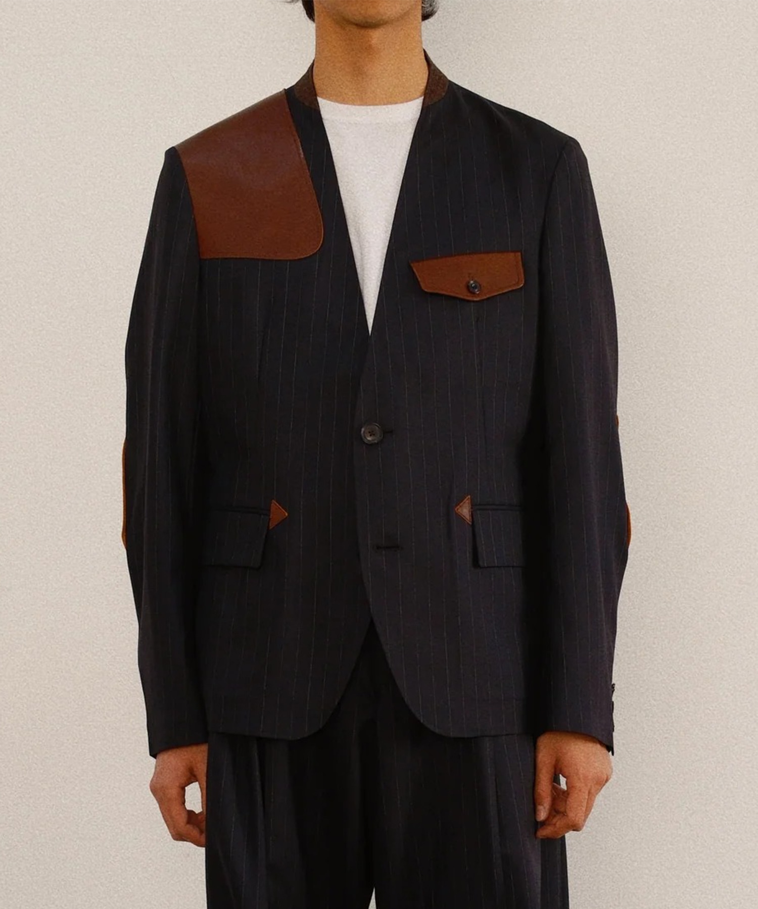 Leather-Patch No-Collar Jacket