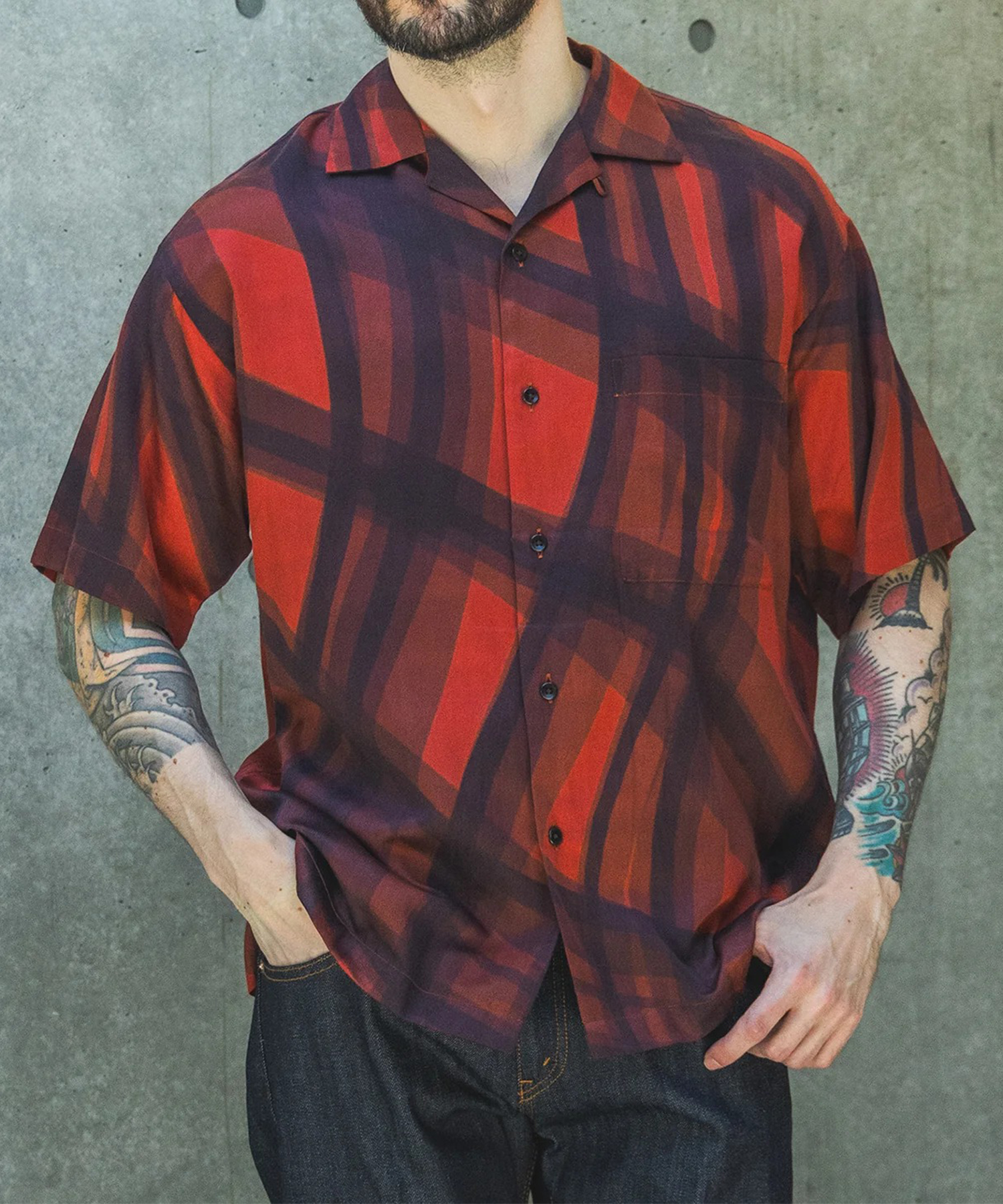 ABSTRACT CHECK /SHORT/S OPEN COLLAR SHIRT